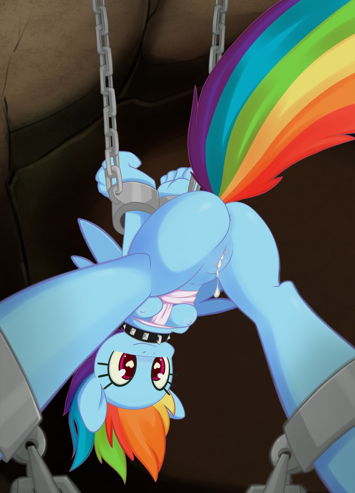 absurd_res after_sex anthro anthrofied anus bdsm biped blue_body blue_feathers blue_fur bodily_fluids bondage bound breasts chain collar cum cum_in_vagina cum_inside dripping e621 equid equine feathered_wings feathers female friendship_is_magic fur genital_fluids genitals grumblepluck hair hasbro hi_res mammal multicolored_hair multicolored_tail my_little_pony mythological_creature mythological_equine mythology nude pegasus rainbow_dash_(mlp) rainbow_hair rainbow_tail solo submissive submissive_female tail vulva wings