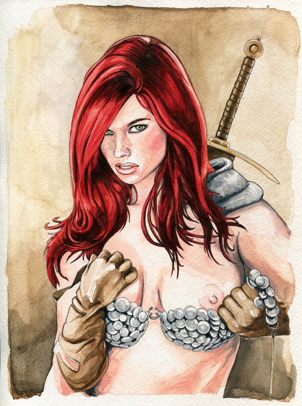 1girls armor bikini_armor breasts chainmail chainmail_bikini dimitris_koskinas female female_only green_eyes marvel marvel_comics nipples red_hair red_sonja red_sonja_(comics) rule34 solo tagme topless