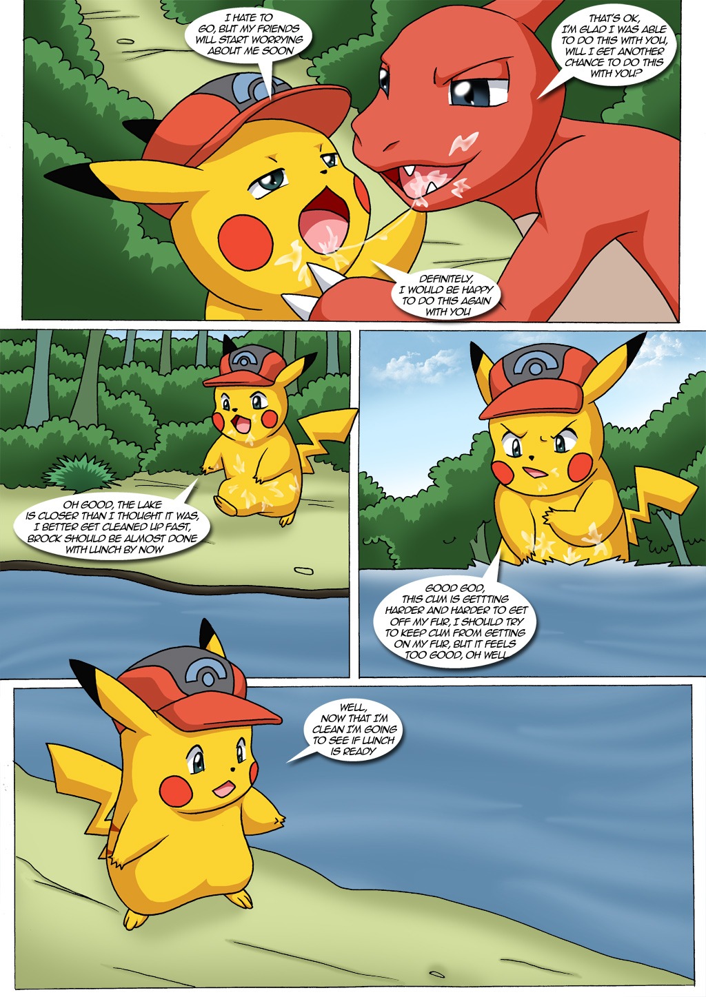 ashchu bbmbbf beige_skin charmeleon color comic cum day dialog english_text erect_penis fur furry furry_tail gay hat interspecies kissing male male_only multiple_males nintendo no_humans nude open_eyes open_mouth outdoors penis pikachu pokemon red_skin rule34 speech_bubble tail text tree washing water yaoi yellow_fur