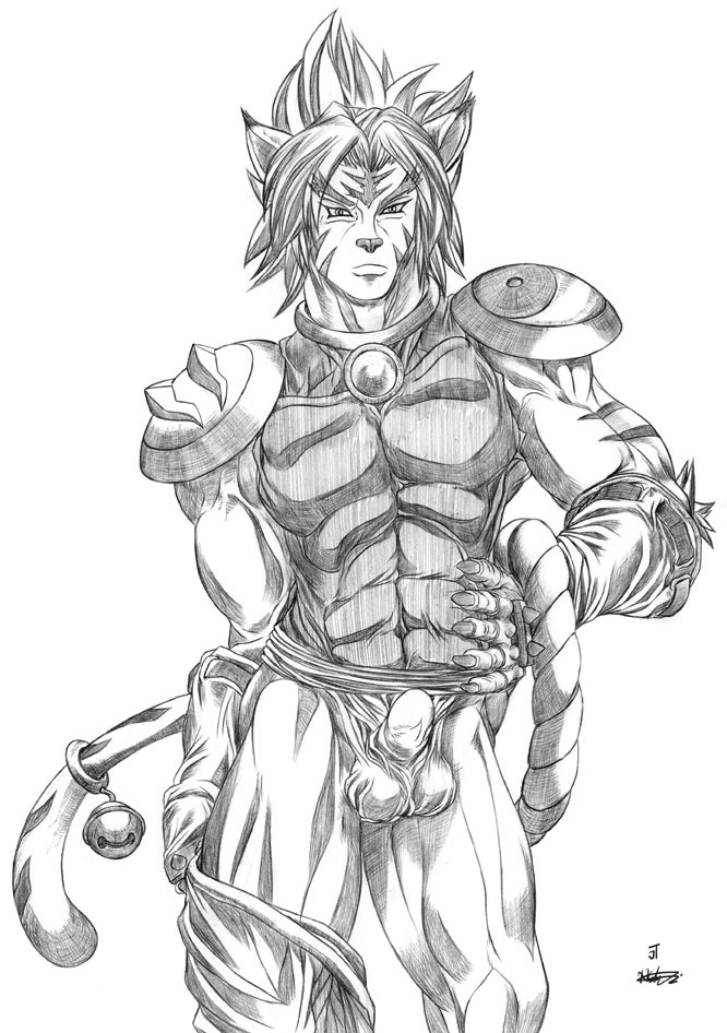 abs animal_genitalia anthro balls bell biped black_and_white bulge clothing collar e621 felid front_view fully_sheathed fur fur_markings genitals hair kogenta_(onmyou_taisenki) looking_at_viewer male mammal markings monochrome muscular muscular_anthro muscular_male onmyou_taisenki pantherine pecs sheath simple_background solo standing stripes tiger white_background xkoshiji