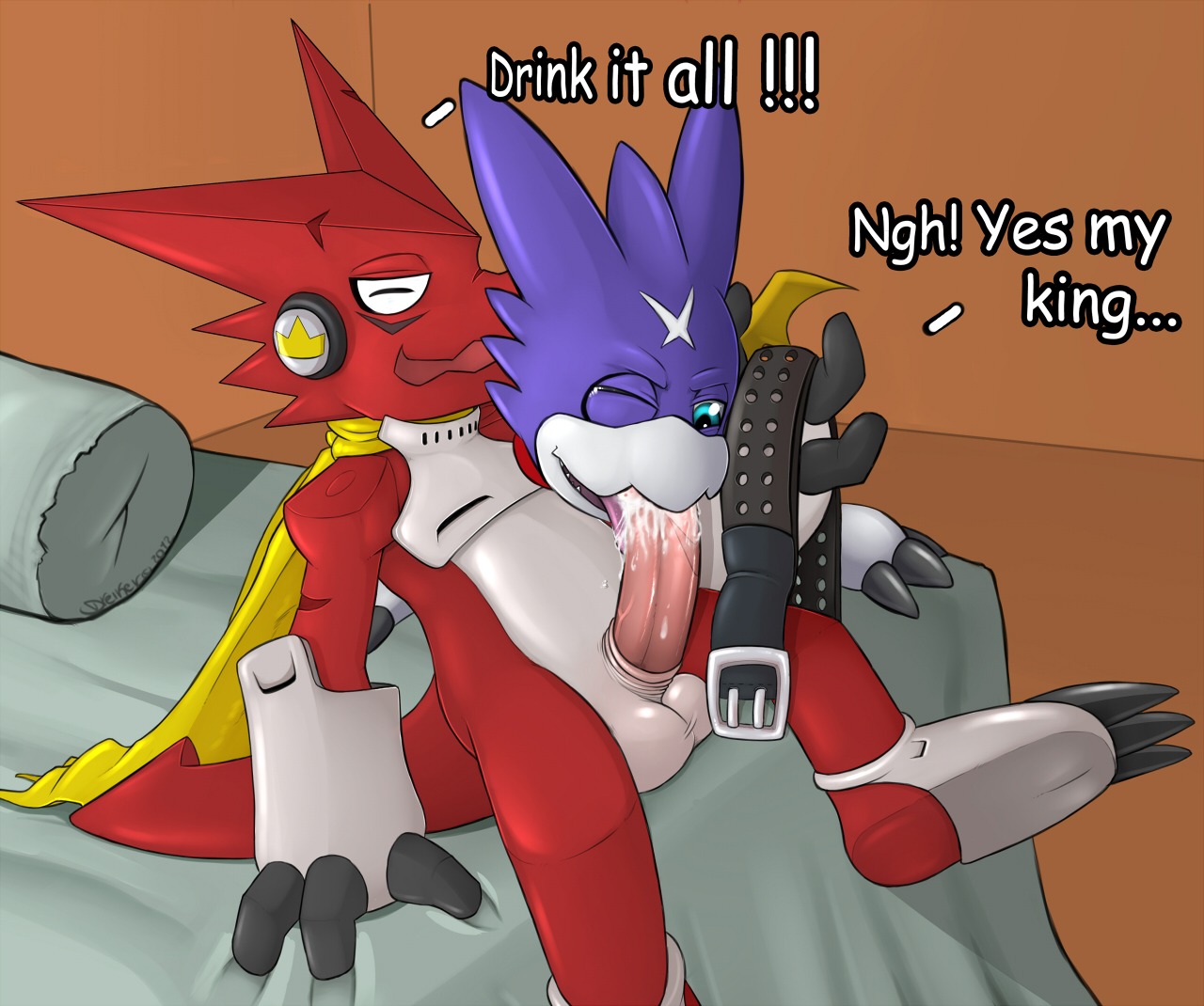 balls bandai_namco bed bodily_fluids cape clothing cum cum_in_mouth cum_inside cum_on_penis dialogue digimon digimon_(species) digital_media_(artwork) dragon dreiker duo e621 english_text erection fellatio furniture genital_fluids genitals gumdramon male male/male male_penetrated male_penetrating male_penetrating_male mythological_creature mythological_scalie mythology oral oral_penetration penetration penile penis scalie sex shoutmon shoutmon_(king_ver.) sucking tail text