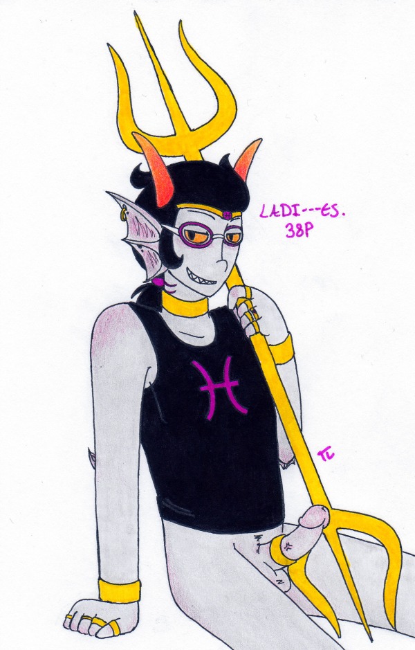 1boy black_hair cock_ring crown dialogue feferi_peixes fins gills goggles grey_skin homestuck homestuck_troll horns jewelry looking_at_viewer male male_only ms_paint_adventures necklace pandemoniumincarnate penis rule34 rule_63 sharp_teeth short_hair smile solo source_request tank_top text trident troll white_background yellow_eyes