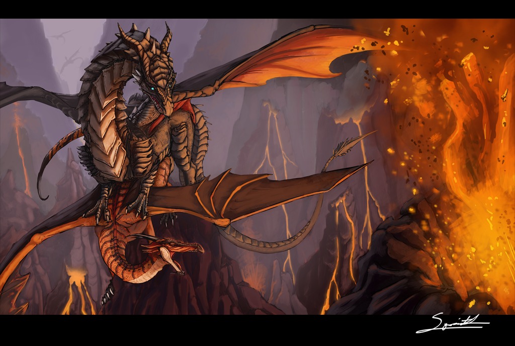 ambiguous_gender black_bars dragon duo e621 feral feral_on_feral fire from_behind_position horn intraspecies lava letterbox male male/ambiguous membrane_(anatomy) membranous_wings mountain mythological_creature mythological_scalie mythology outside penetration scalie sex syrinoth tail volcanic_eruption volcano warm_colors wings