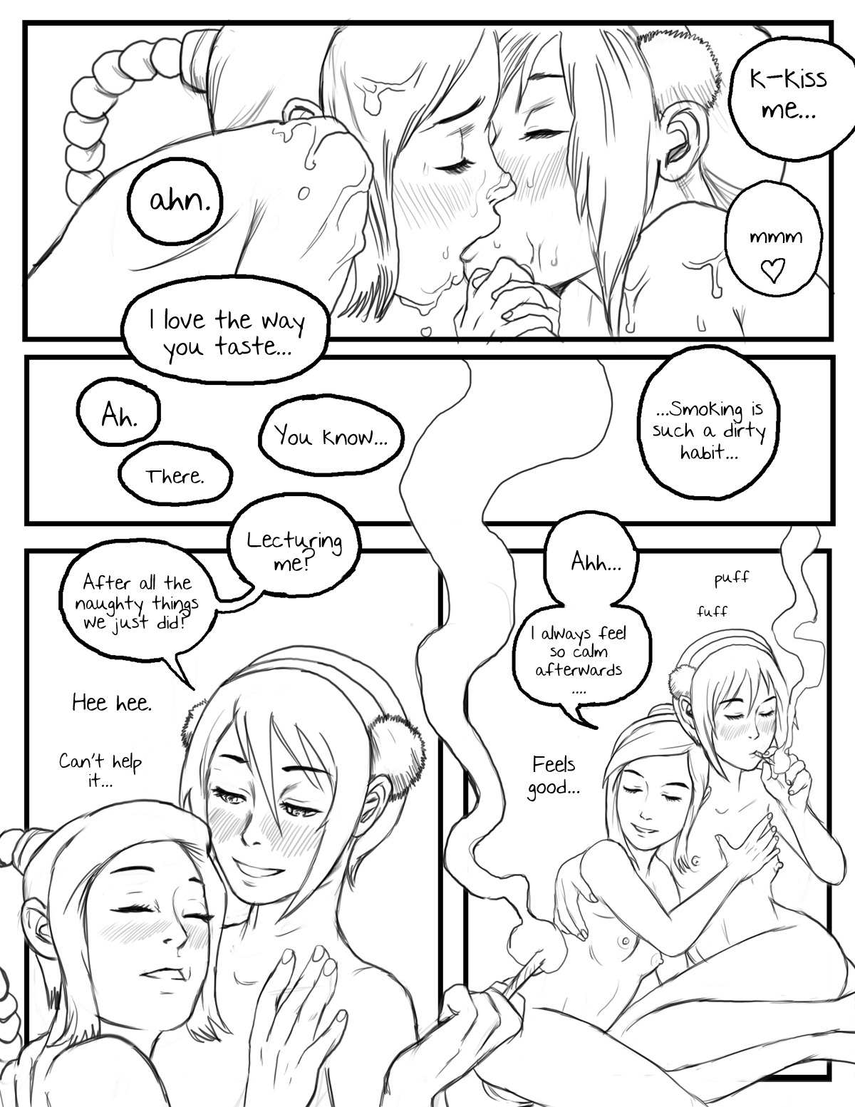 avatar_the_last_airbender blush cigarette comic destijl earth_kingdom female fire_nation flat_chest nickelodeon rule34 smoking straight_hair toph_bei_fong ty_lee yuri