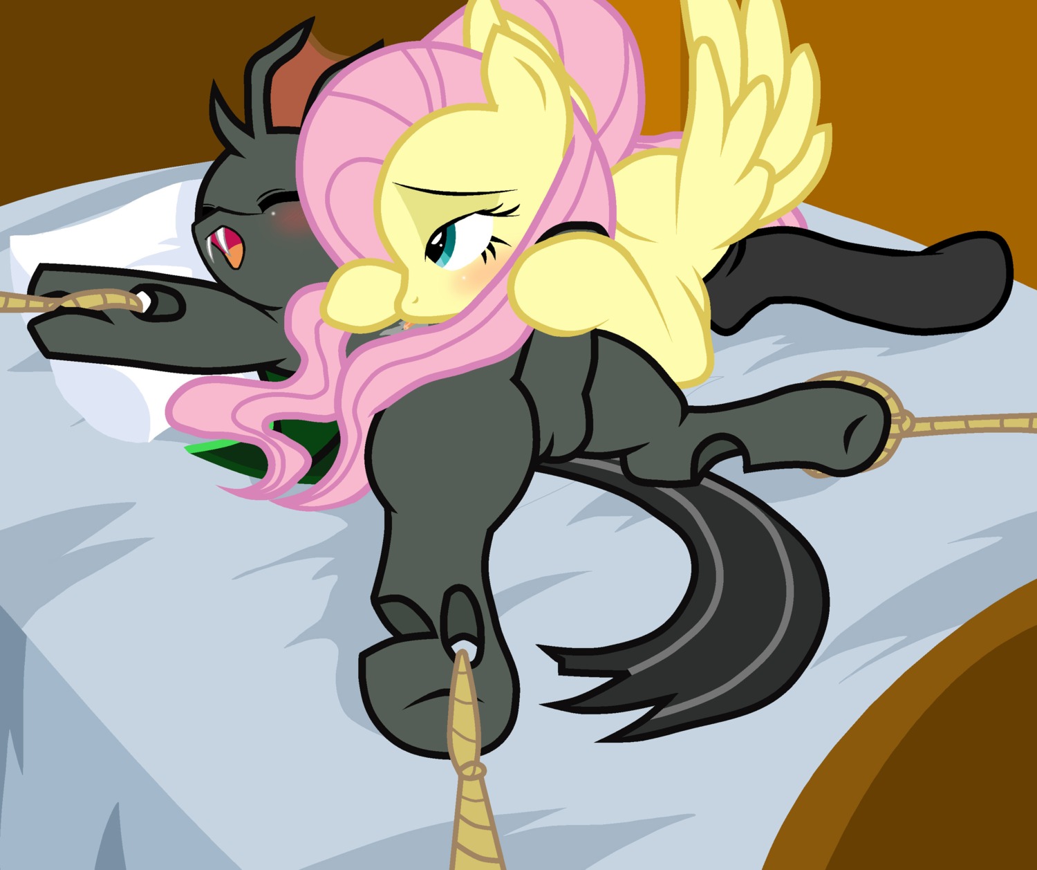 2012 arthropod bdsm bed bed_bondage black_body black_fur blue_eyes blush bodily_fluids bondage bound brown_background canon_x_oc changeling_(mlp) clothing digital_media_(artwork) duo e621 equid equine erection eyes_closed fan_character fangs feathered_wings feathers female feral fluttershy_(mlp) friendship_is_magic fur furniture genitals hair half-closed_eyes handjob hasbro hi_res hole_(anatomy) legwear licking lying male male/female mammal my_little_pony mythological_creature mythological_equine mythology narrowed_eyes on_back on_bed open_mouth pegasus penile penis pillow pink_hair pyruvate rope saliva sex simple_background spread_eagle spread_wings stockings tail teeth tongue tongue_out vesairus wing_boner wings yellow_body yellow_feathers yellow_fur