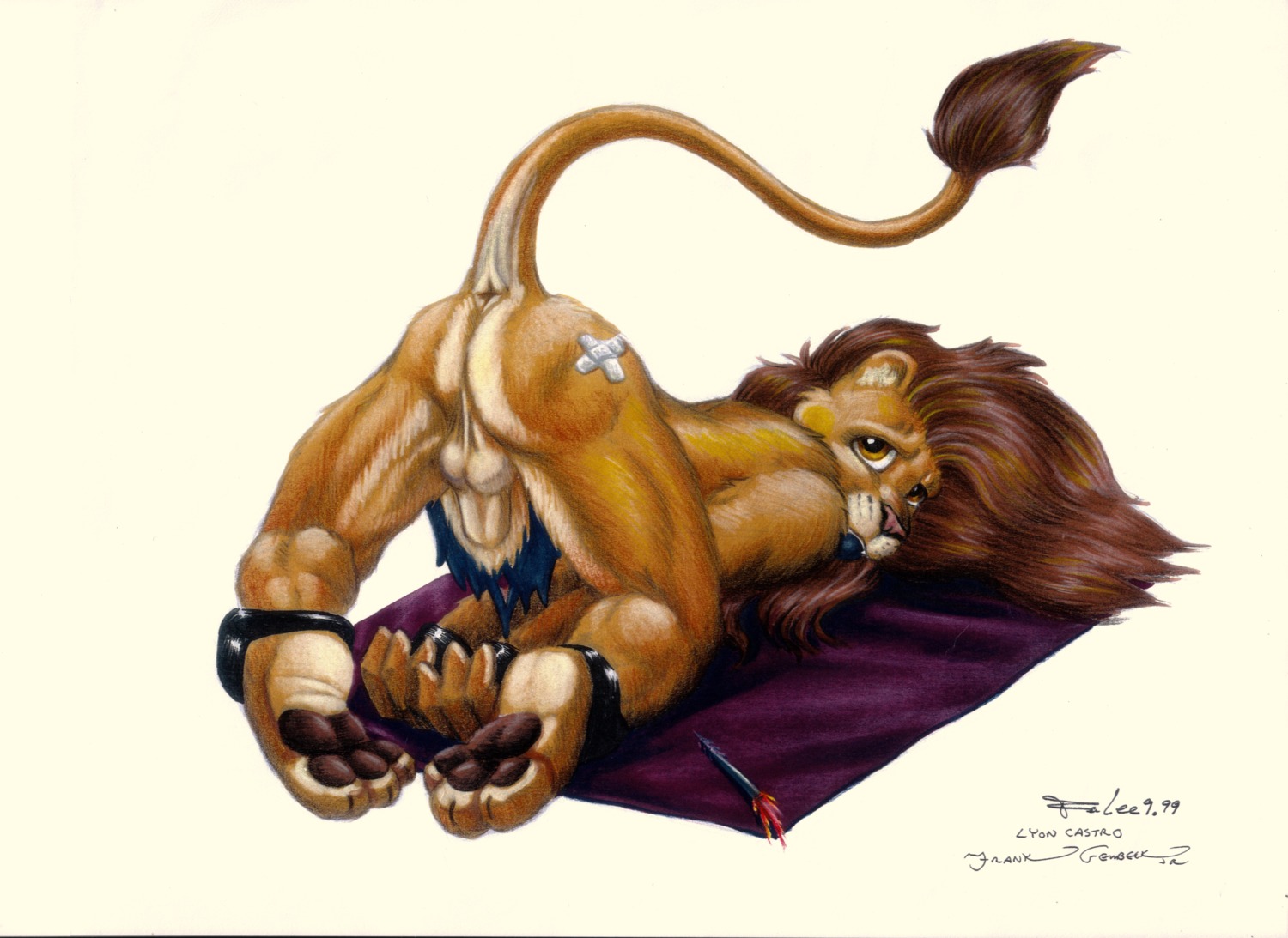 1990s 1999 1boy 20th_century anthro ball_gag bondage brown_eyes collaboration fel feline frank_gembeck fur furry hi_res high_resolution highres hindpaw lion loincloth looking_at_viewer lyon_castro male male_only rule34 scan solo underwear white_background