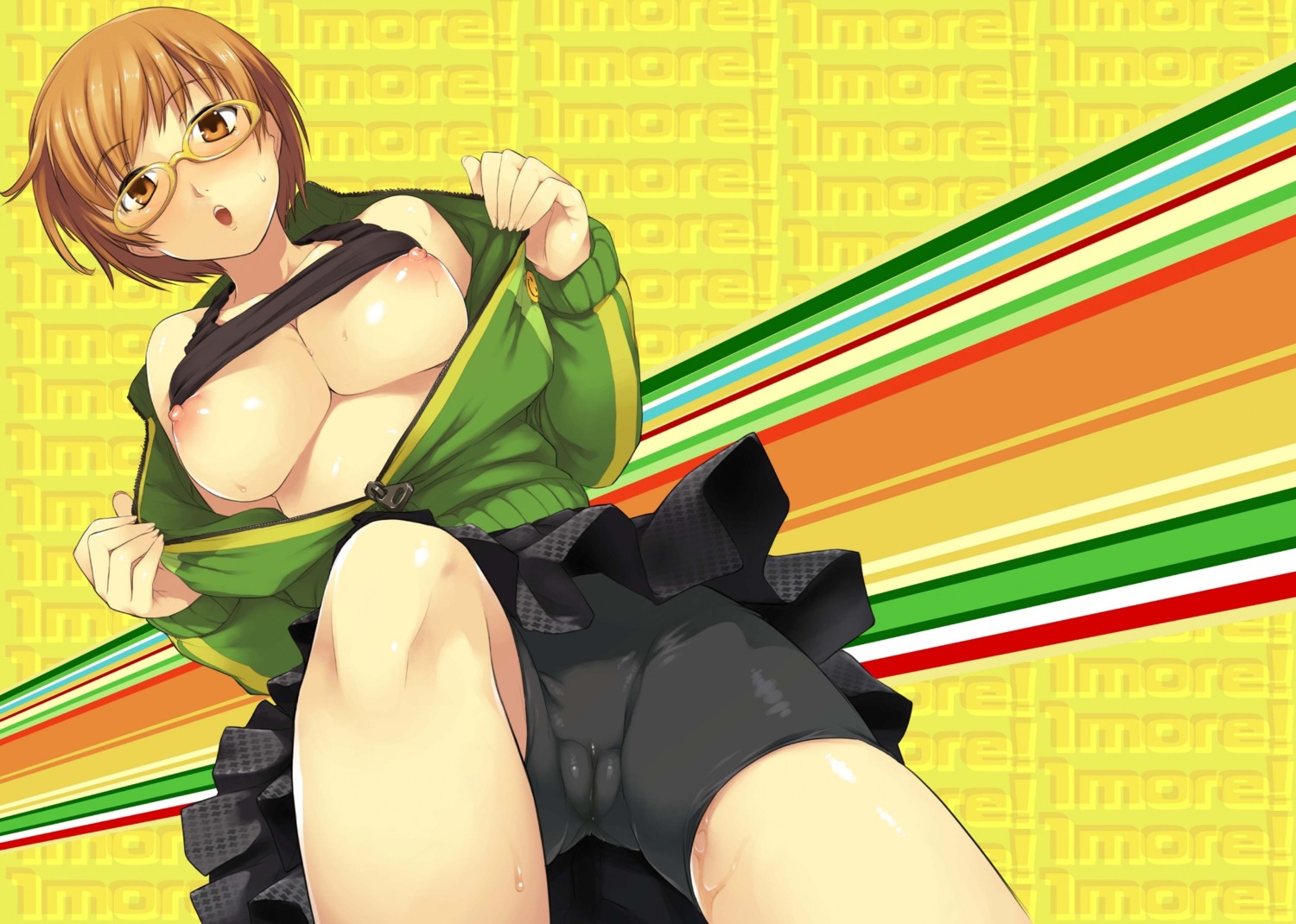 1girls atlus big_breasts bike_shorts bob_cut breasts breasts_out brown-eyed_female brown-haired_female brown_eyes brown_hair cameltoe clothing exposed exposed_breasts female female_focus female_only flashing glasses highres jacket knee knees light-skinned_female light_skin megami_tensei nipples open_jacket partially_clothed partially_clothed_female persona persona_4 pussy rule34 satonaka_chie sega shirt_up short_hair skirt smiley_face tomboy undressing zipper