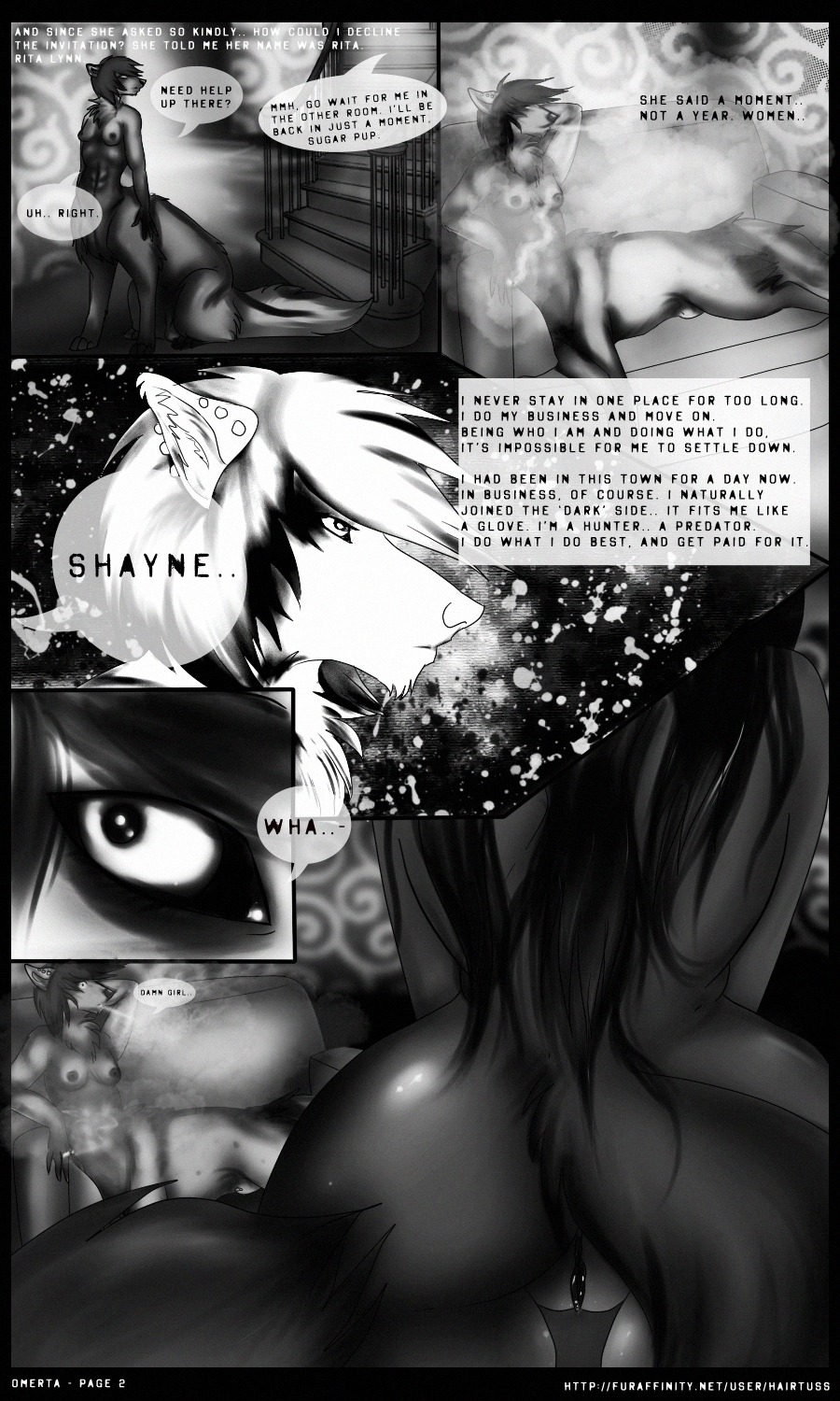 2011 3:5 balls breasts butt canid canid_taur canine canine_taur canis comic dialogue duo e621 ear_piercing english_text erection female genitals greyscale gynomorph hairtuss hi_res intersex lying mammal mammal_taur monochrome nipples nude penis piercing quadruped shayne tail taur text thigh_gap url vulva wolf wolf_taur