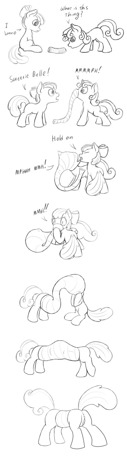 accessory anus apple_bloom_(mlp) blush bow_(feature) bow_accessory bow_ribbon butt centered_hair_bow dialogue duo e621 earth_pony english_text equid equine female feral friendship_is_magic fur fusion genitals hair hair_accessory hair_bow hair_ribbon hasbro hi_res horn horse loli mammal monochrome my_little_pony mythological_creature mythological_equine mythology name_drop name_in_dialogue open_mouth pony posexe raised_tail ribbons simple_background sweetie_belle_(mlp) tail text unicorn vulva white_background young young_female young_feral
