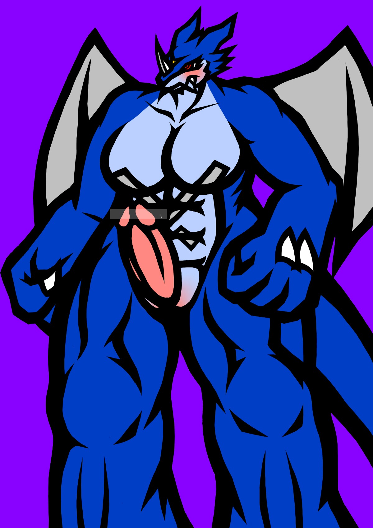 1futa anthro blue_skin blush breasts censored claws color cute_fang dickgirl digimon erection exveemon front_view futanari intersex penis purple_background red_eyes rule34 solo solo_futa standing tail wings