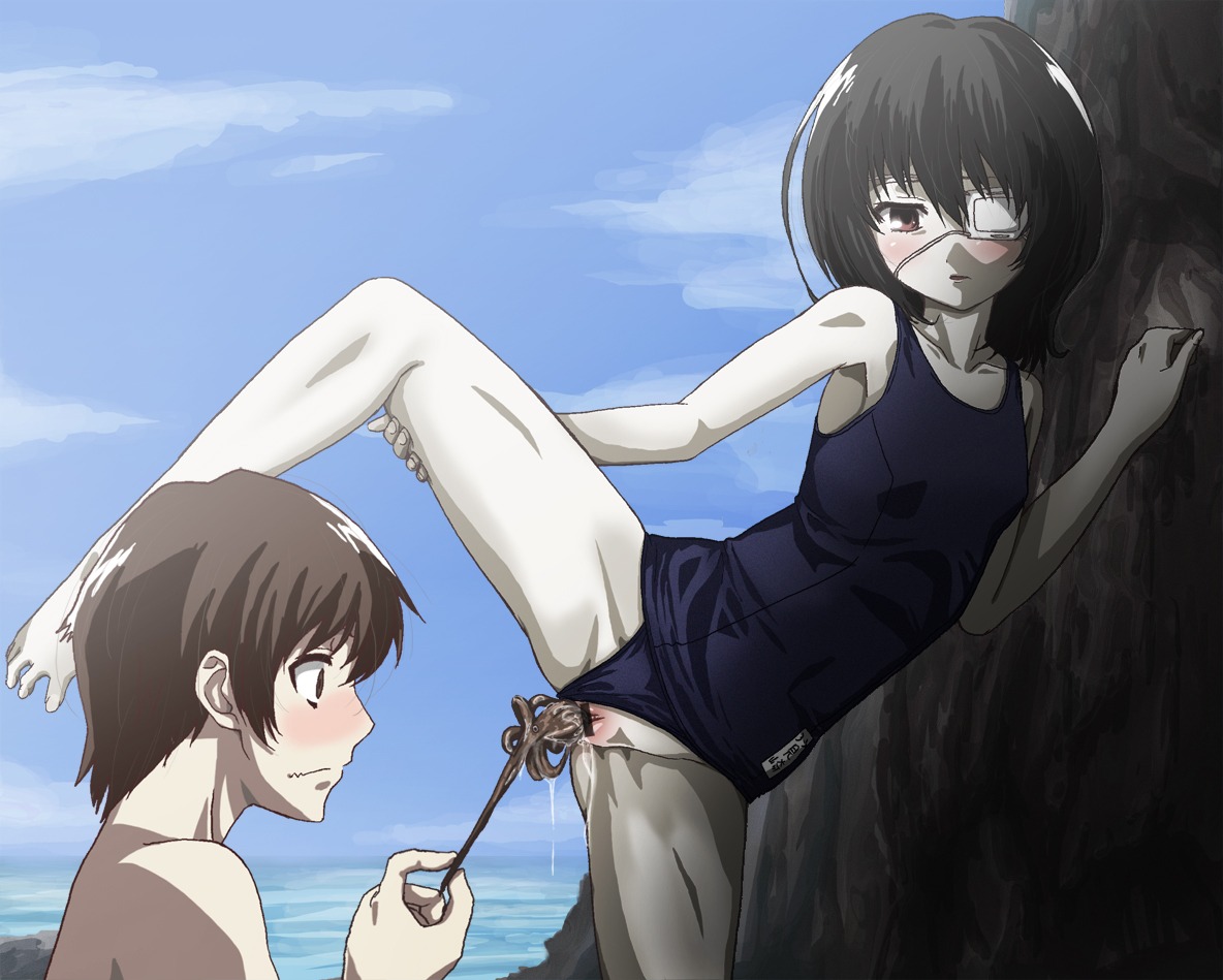 1boy 1girls another bar_censor barefoot beach bestiality black_hair blue_sky blush breasts breasts_apart brown_hair censored cloud coast creature_inside day daytime eye_patch female flat_chest leg_lift light-skinned_female light_skin live_insertion living_insertion male male_hand misaki_mei ocean octopus octopus_in_pussy octopus_insertion one-piece_swimsuit outdoors outside pussy red_eyes rule34 sakakibara_kouichi school_swimsuit seaside short_hair small_breasts spread_legs standing_on_one_leg straight swimsuit swimsuit_aside unbirthing vaginal_insertion vore wavy_mouth zoophilia