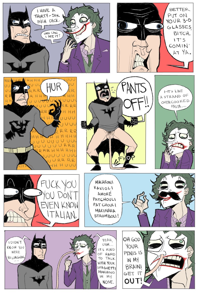 2008 balls bat_symbol batman batman_(series) cardboard-lemur clothing comic dc_comics dialogue duo e621 english_text flaccid genitals grandfathered_content half-erect human human_only humor italian long_penis male male/male mammal mindfuck nasal_penetration not_furry penis profanity speech_bubble text the_joker unusual_penetration what yelling