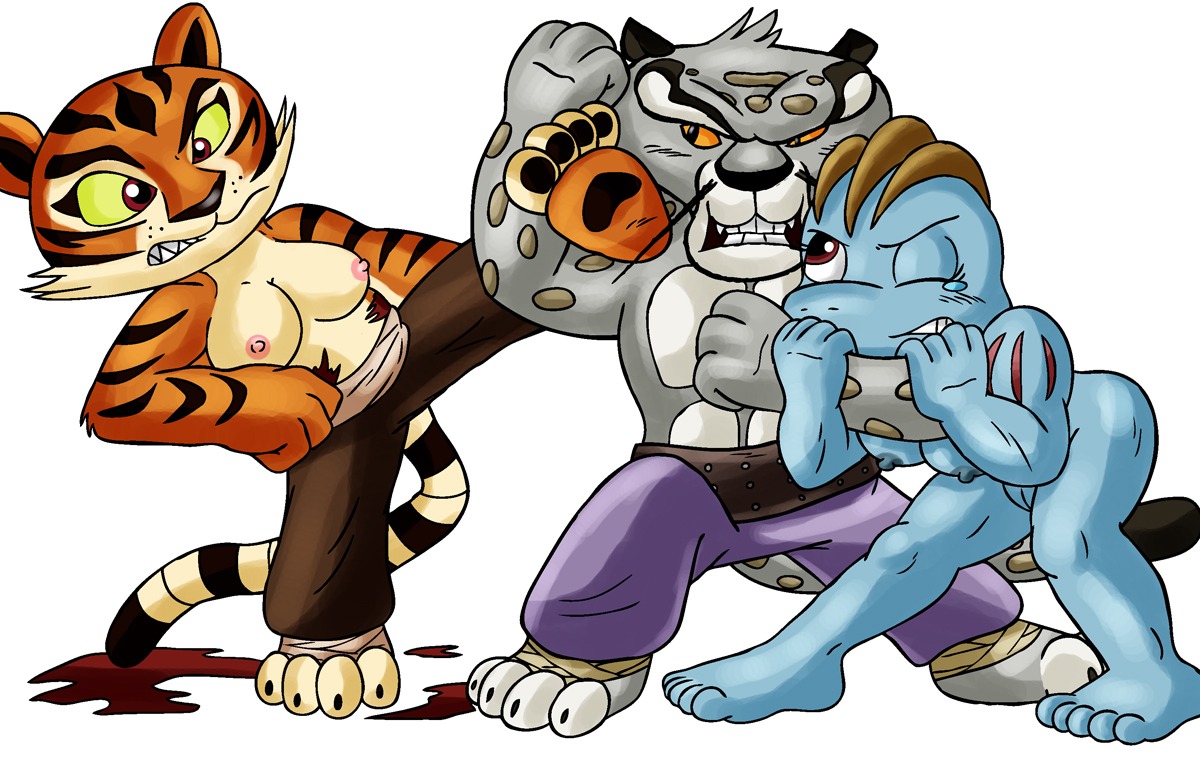 anthro black_eyes clothed clothing crossover dreamworks e621 felid female generation_1_pokemon genitals group humanoid hypnofire86 kung_fu_panda leopard machoke male mammal master_tigress nintendo pantherine pokemon pokemon_(species) red_eyes snow_leopard tai_lung_(kung_fu_panda) tail tiger topless vulva