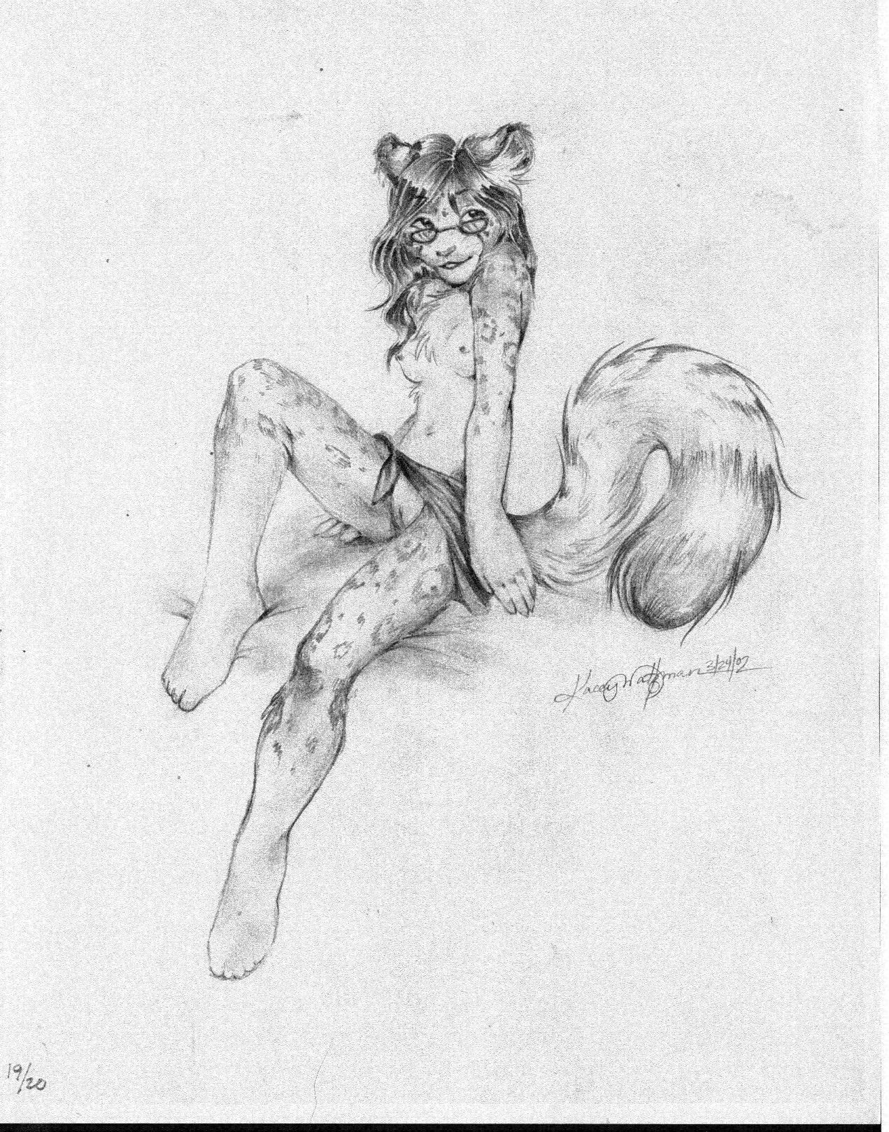 2002 anthro biped breasts casual_exposure clothed clothing domestic_cat e621 eyewear felid feline felis female genitals glasses greyscale hi_res kacey mammal monochrome sitting sketch skimpy solo tail vulva