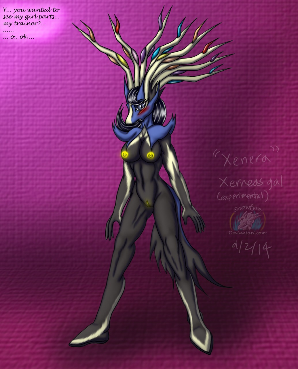 2014 5_fingers anthro anthrofied biped black_body black_fur black_hair blue_eyes blush breasts deer e621 english_text female fingers fur generation_6_pokemon genitals hair hi_res horn legendary_pokemon long_hair looking_at_viewer mammal nintendo nipples nude open_mouth pokemon pokemon_(species) pokemorph snowfyre solo spread_legs spreading standing text vulva xenera_(snowfyre) xerneas xerneas_(active_mode) yellow_nipples yellow_vulva