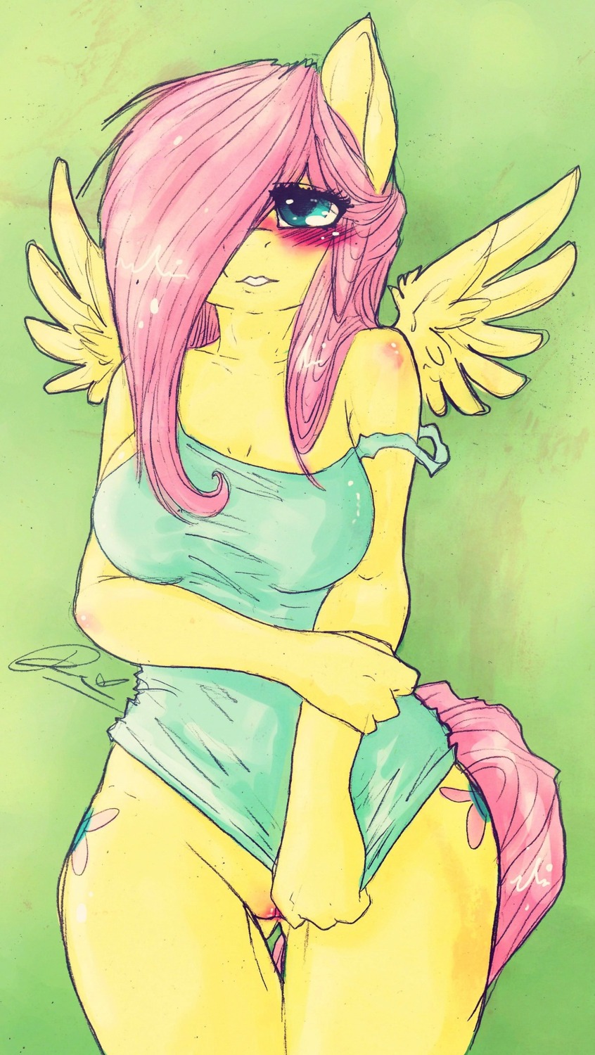 2013 anthro anthrofied blue_eyes blush bottomless clothed clothing cutie_mark dimwitdog e621 equid equine feathered_wings feathers female fluttershy_(mlp) friendship_is_magic fur genitals hair hair_over_eye hasbro hi_res mammal my_little_pony mythological_creature mythological_equine mythology off_shoulder one_eye_obstructed pegasus pink_hair solo vulva wings yellow_body yellow_feathers yellow_fur