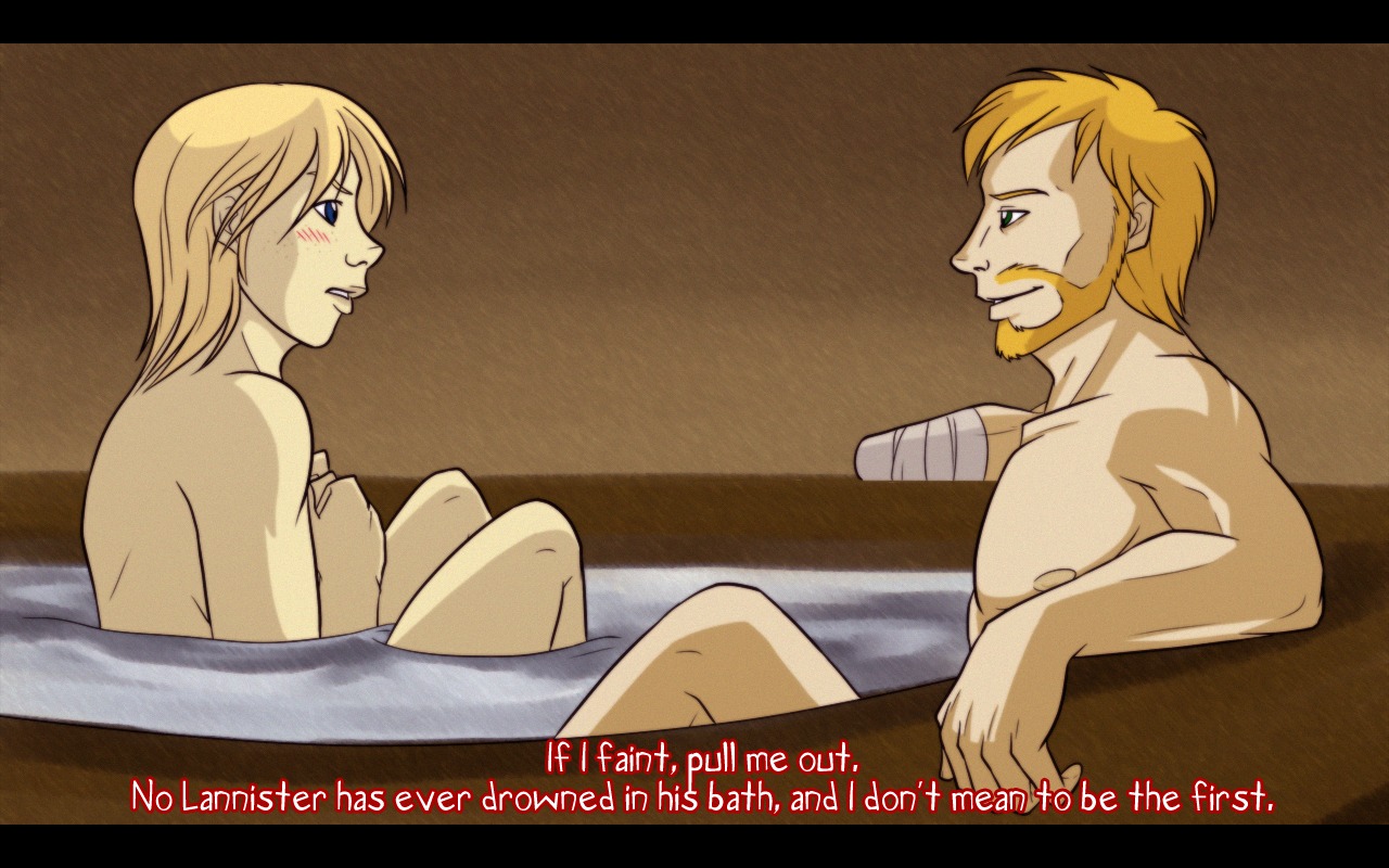 1girls 2d a_song_of_ice_and_fire amputated_hand amputee artist_request bath bathing_together beard blonde_hair blue_eyes blush breasts brienne_of_tarth covering_breasts dialogue english_dialogue english_text female game_of_thrones jaime_lannister light-skinned_female light-skinned_male light_skin literature male nude rule34 tagme text water