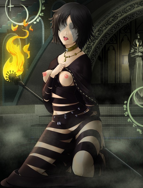 black_hair breasts breasts_out cape choker demon's_souls dress erect_nipples feccso female fire fromsoftware jewelry kneeling maiden_in_black necklace nipples no_eyes open_mouth pointy_chin rule34 short_hair solo staff stairs statue tongue