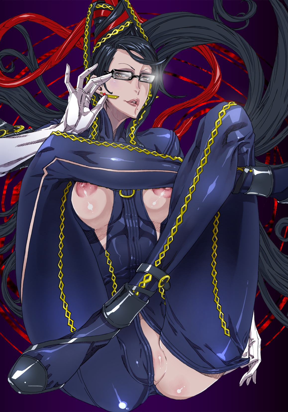 bayonetta bayonetta_(character) beauty_mark black_hair body_blush bodysuit breasts chains earrings female glasses hair_bun highres jewelry long_hair mole nipples red_ribbon ribbon rule34 sega solo zunta