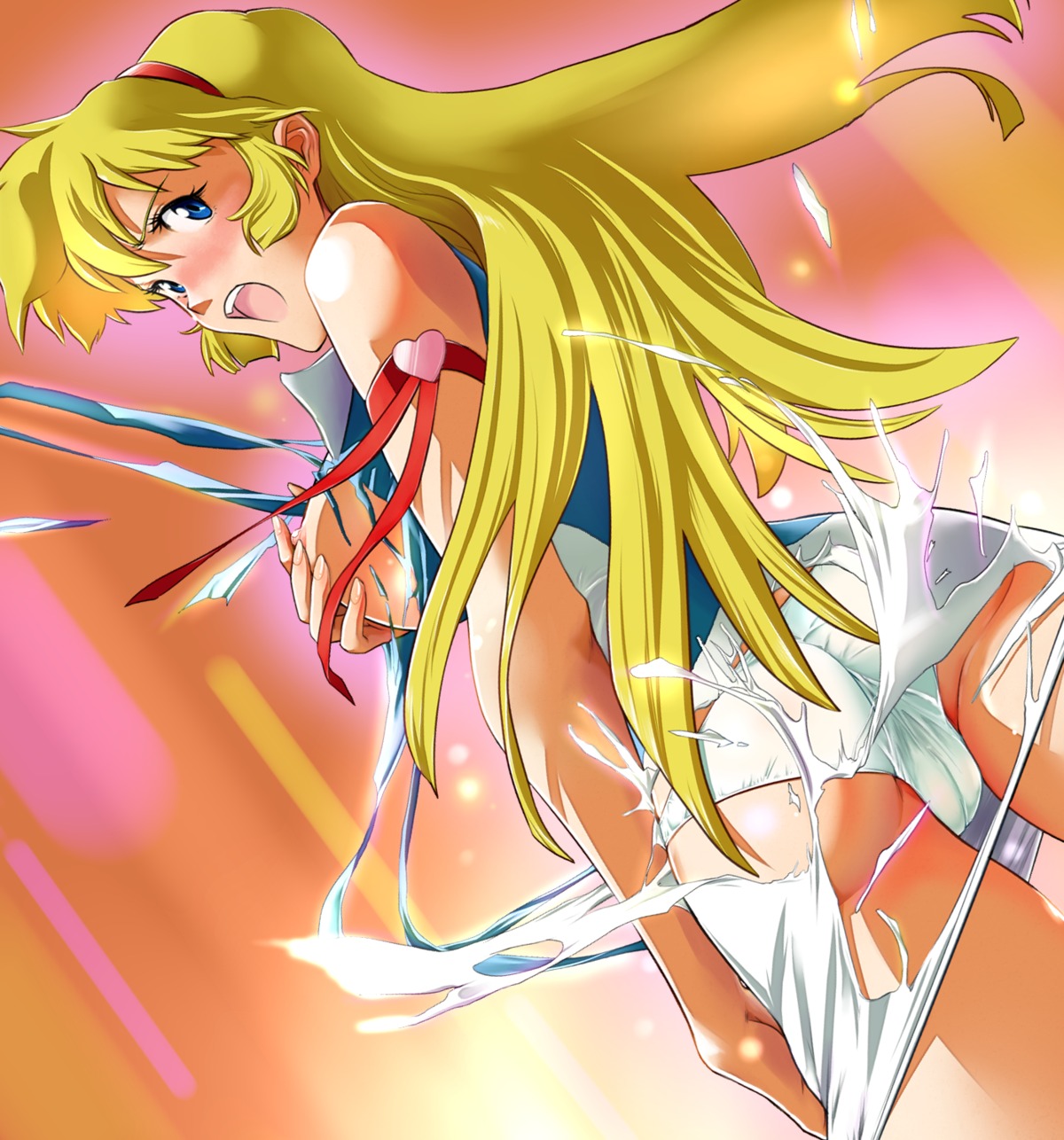 1girls 2009 android ass blonde_hair blue_eyes blush breasts cameltoe choker color cutie_honey cutie_honey_flash dress exploding_clothes female female_only hairband heart highres honey_kisaragi human large_breasts light-skinned_female light_skin long_hair medium_breasts nipples open_mouth panties pointy_chin pussy rule34 solo standing taniyosi tearing_clothes torn_clothes underwear