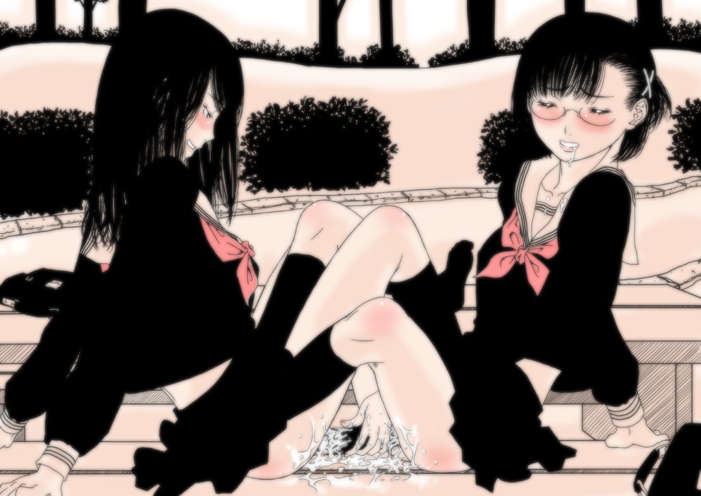 clothing dildo double_dildo female footwear glasses gusu hair_ornament hairclip multiple_females multiple_girls original outdoors outside pink pussy pussy_juice rule34 saliva school_uniform sex skirt socks straight_hair yuri