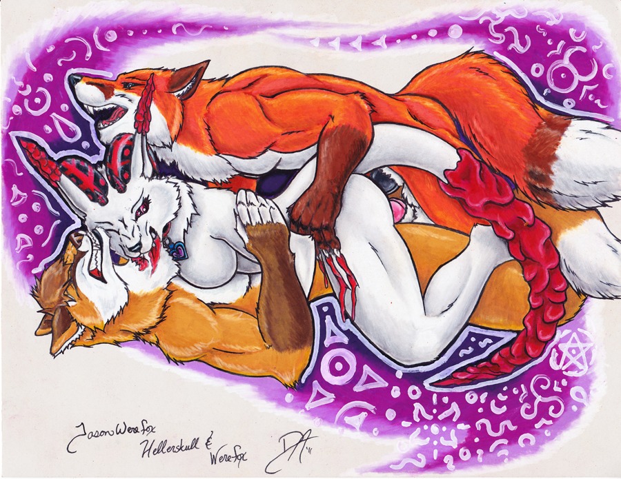 anal anthro balls bite blood bodily_fluids breasts canid canine claws daelyhelaxon demon dipstick_tail domestic_cat double_penetration e621 erection felid feline felis female fox genitals gore group group_sex horn interspecies jewelry male male/female mammal markings necklace nude occult_symbol pattern_background penetration penis pentacle pentagram sandwich_position scratching sex signature simple_background symbol tail tail_markings threesome traditional_media_(artwork) trio triskelion vaginal