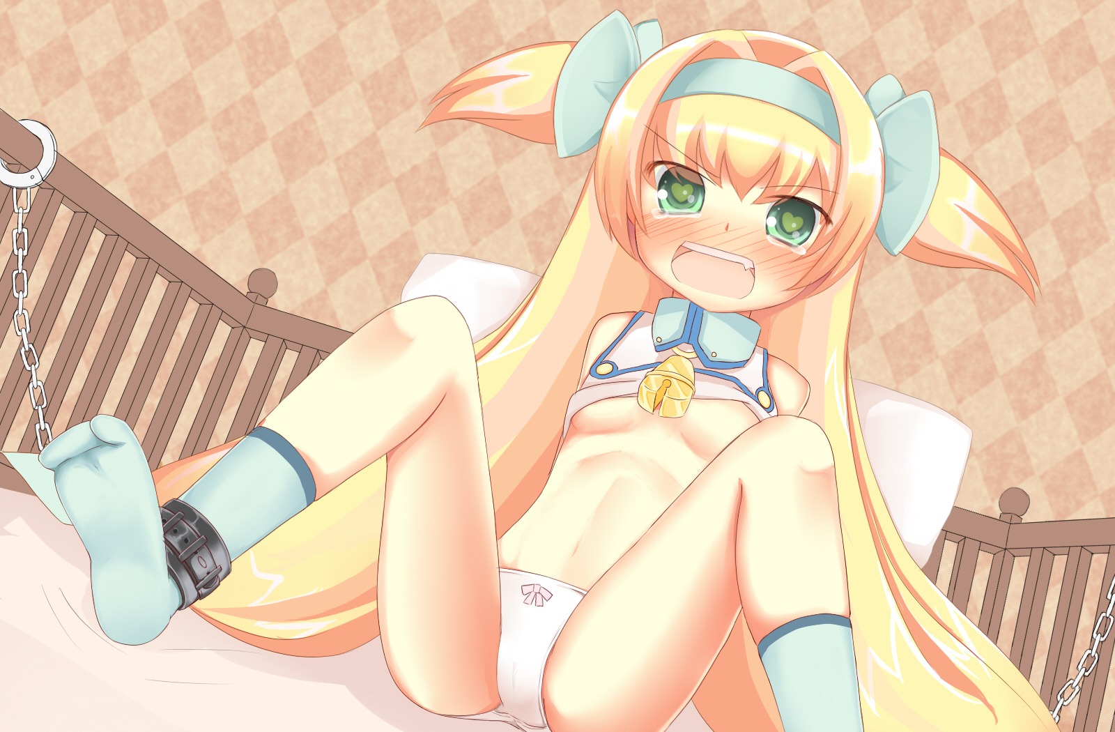 bed bell blazblue blonde_hair blush bondage breasts crying female flat_chest green_eyes green_ribbons long_hair open_mouth panties platinum_the_trinity ribbon rule34 shackles small_breasts socks tagme tears