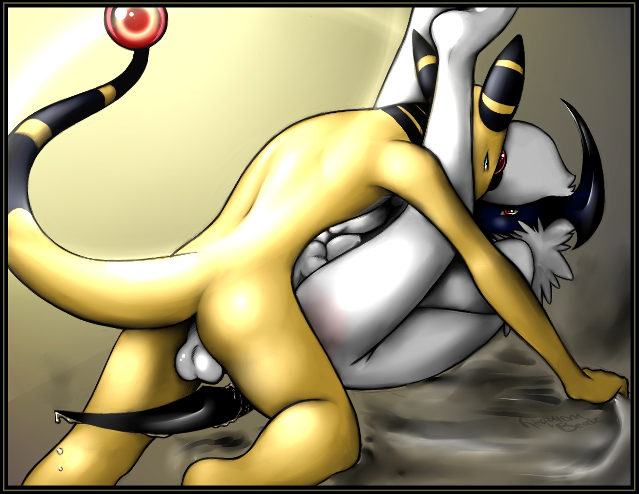 2013 absol ampharos anal anal_penetration anthro anthrofied anus anvil_position backsack balls bed_sheet bedding black_body black_border blade blue_eyes bodily_fluids border butt cum dominant dominant_male duo e621 erection from_front_position fur gem generation_2_pokemon generation_3_pokemon genital_fluids genitals glistening interspecies khuraji legs_up light looking_at_viewer looking_back lying male male/male male_penetrated male_penetrating male_penetrating_male nintendo nude on_back penetration penis perineum pokemon pokemon_(species) rear_view red_eyes sex sharu submissive tail white_balls white_body white_fur white_penis white_perineum yellow_body yellow_skin