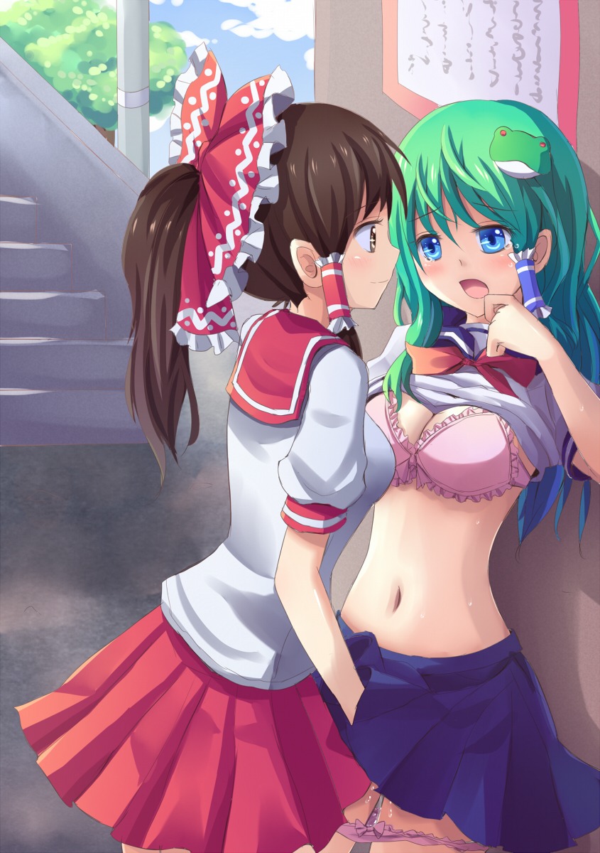 2girls adapted_costume against_wall aqua_hair blue_eyes blue_sky blush bow bow_bra bow_panties bowtie bra breasts brown_eyes brown_hair capelet cleavage clothes cloud contemporary eye_contact female fingering frilled_bra frills frog_hair_ornament green_hair hair hair_ornament hair_ribbon hair_tubes hairbow hand_under_clothes hand_under_shirt hand_under_skirt highres hips human indoors large_bow lingerie long_hair looking_at_another midriff miniskirt multiple_females multiple_girls navel open_mouth panties panty_pull pink_bra pink_panties pleated_skirt ponytail pussy pussy_juice reimu_hakurei ribbon rule34 sanae_kochiya school school_uniform shiny shiny_skin shirt_lift skirt sky stairs standing suikakitsu_shiro sweat tear tied_hair touhou tree underwear yuri