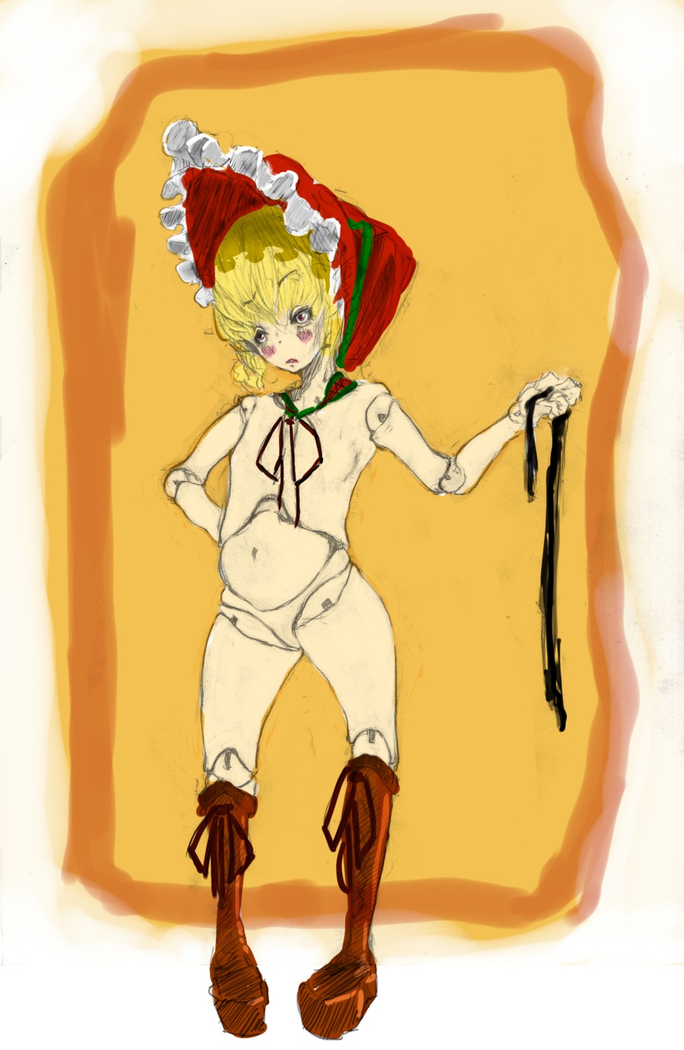 belt blonde_hair blush bonnet doll doll_joints eyebrows_visible_through_hair female flat_chest holding_belt no_humans no_visible_genitalia rozen_maiden rule34 shinku solo solo_female