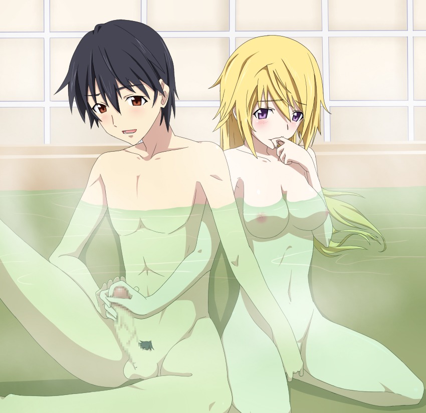 balls bath beige_penis beige_skin biting black_hair blonde_hair blush breasts brown_eyes censored charlotte_dunois co-ed co-ed_bathing couple female finger_biting fingering handjob infinite_stratos long_hair male mixed_bathing mosaic_censoring mutual_masturbation nipples nude orimura_ichika penis pubic_hair purple_eyes ribonzu rule34 sitting tan_penis tan_skin testicles tiles wariza water