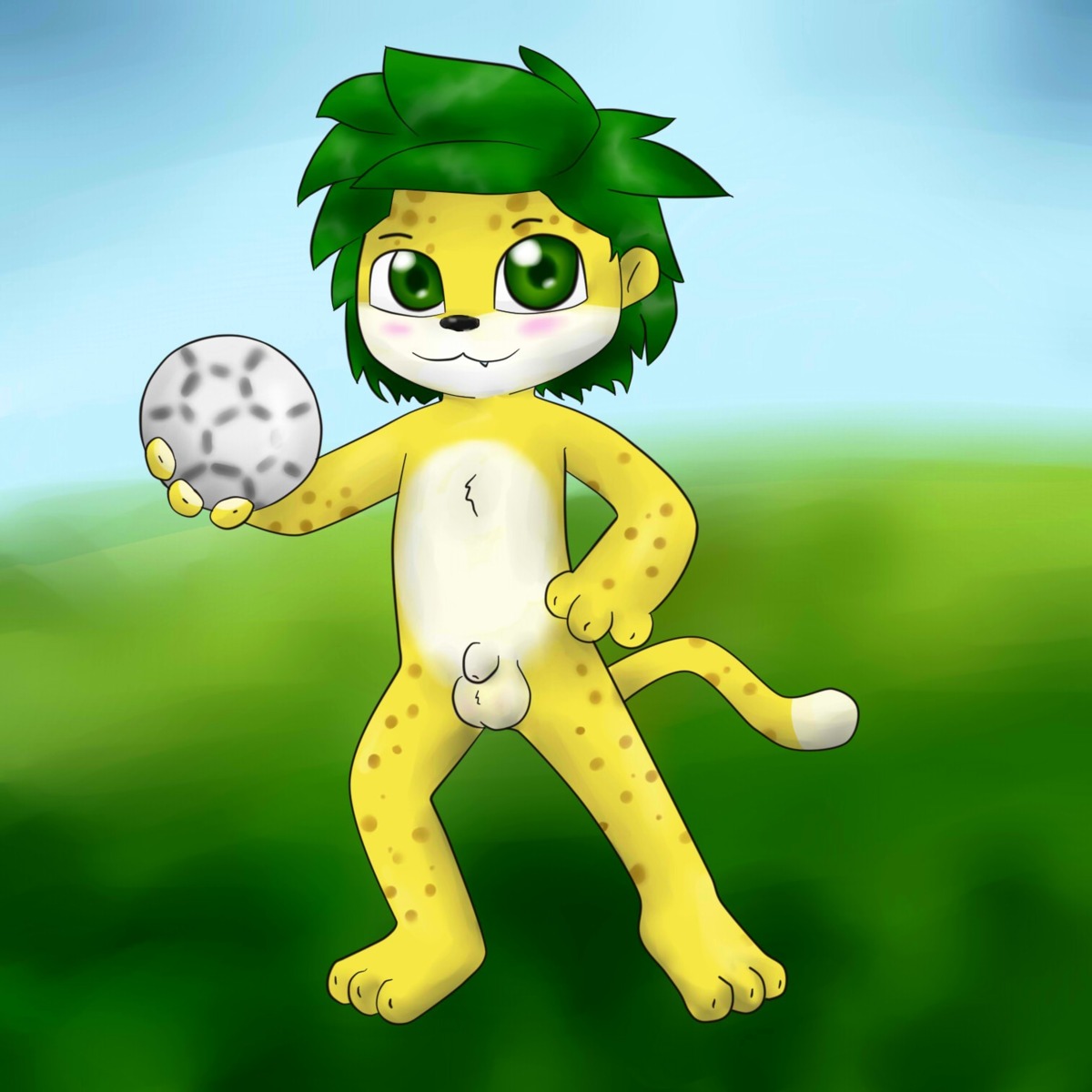 1:1 2012 anthro ball balls biped blush claws digital_media_(artwork) e621 felid fifa flaccid fur genitals green_eyes green_hair hair hi_res holding_ball holding_object leopard looking_at_viewer male mammal mascot nude pantherine paws penis simple_background small_penis smile soccer soccer_ball solo south_africa sport tail world_cup yellow_body yellow_fur young young_anthro young_male zakumi zeklullaby