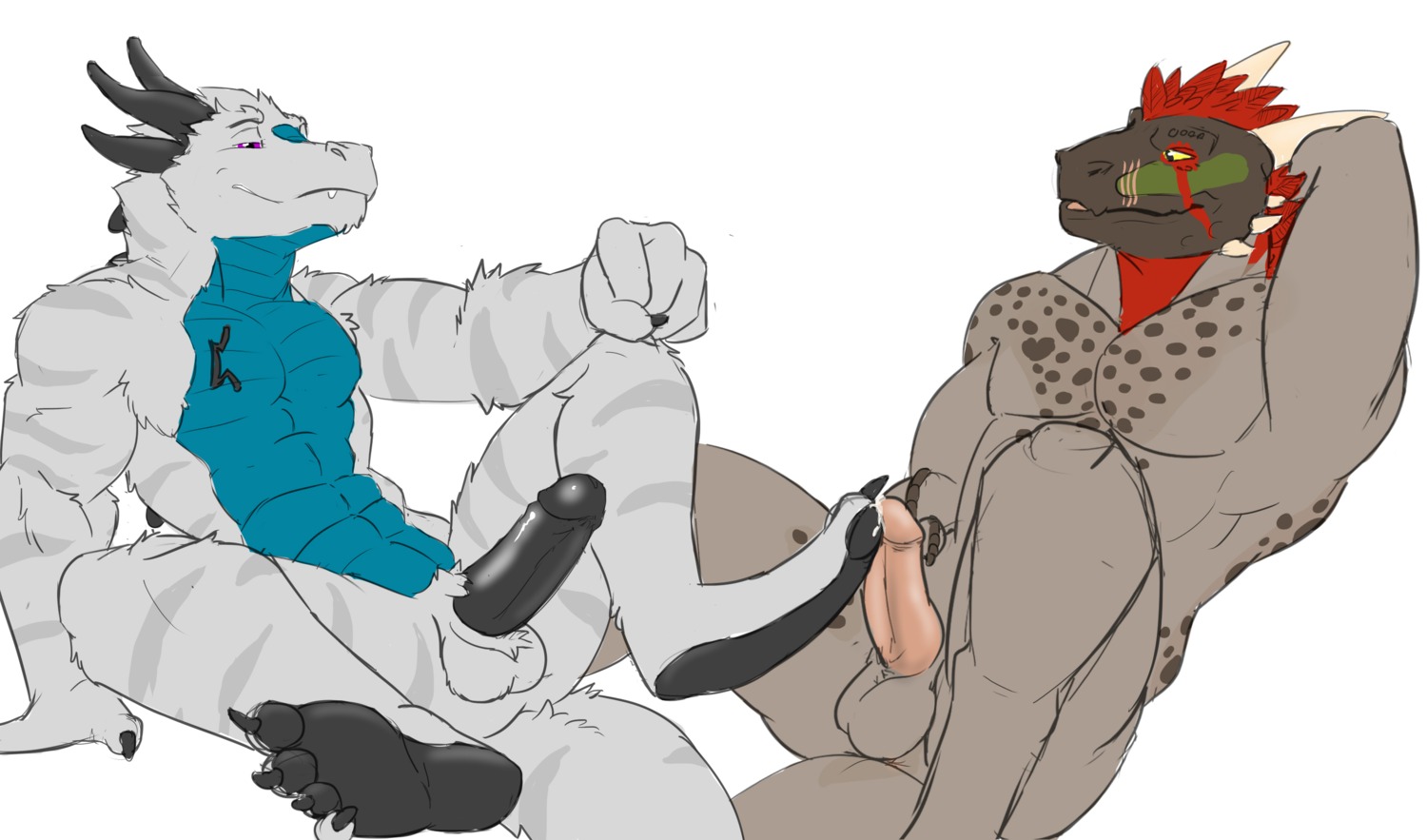 2012 4_toes abs animal_genitalia anthro argonian athletic balls biceps big_muscles big_penis black_horn black_penis blaze_(marking) blue_body blue_countershading bodily_fluids claws countershading digital_media_(artwork) dragon duo e621 erection facial_markings fangs feet flexing foot_fetish foot_focus foot_play footjob freckles fur furred_dragon furred_scalie genital_fluids genitals green_body green_skin grey_body grey_skin grin hair hands_behind_head head_markings hi_res hindpaw horn humanoid_genitalia humanoid_penis leaking linkin_monroe male male/male markings microsoft muscular muscular_male mythological_creature mythological_scalie mythology nude orgasm paws pecs penile penis pink_penis plantigrade precum presenting purple_eyes ratharn red_body red_hair red_markings red_skin reptile scales scalie scar sex sheath simple_background sitting smile soles spots spread_legs spreading stripes tagg tail tattoo teeth the_elder_scrolls thick_penis toe_claws toes white_background white_body white_fur yellow_eyes