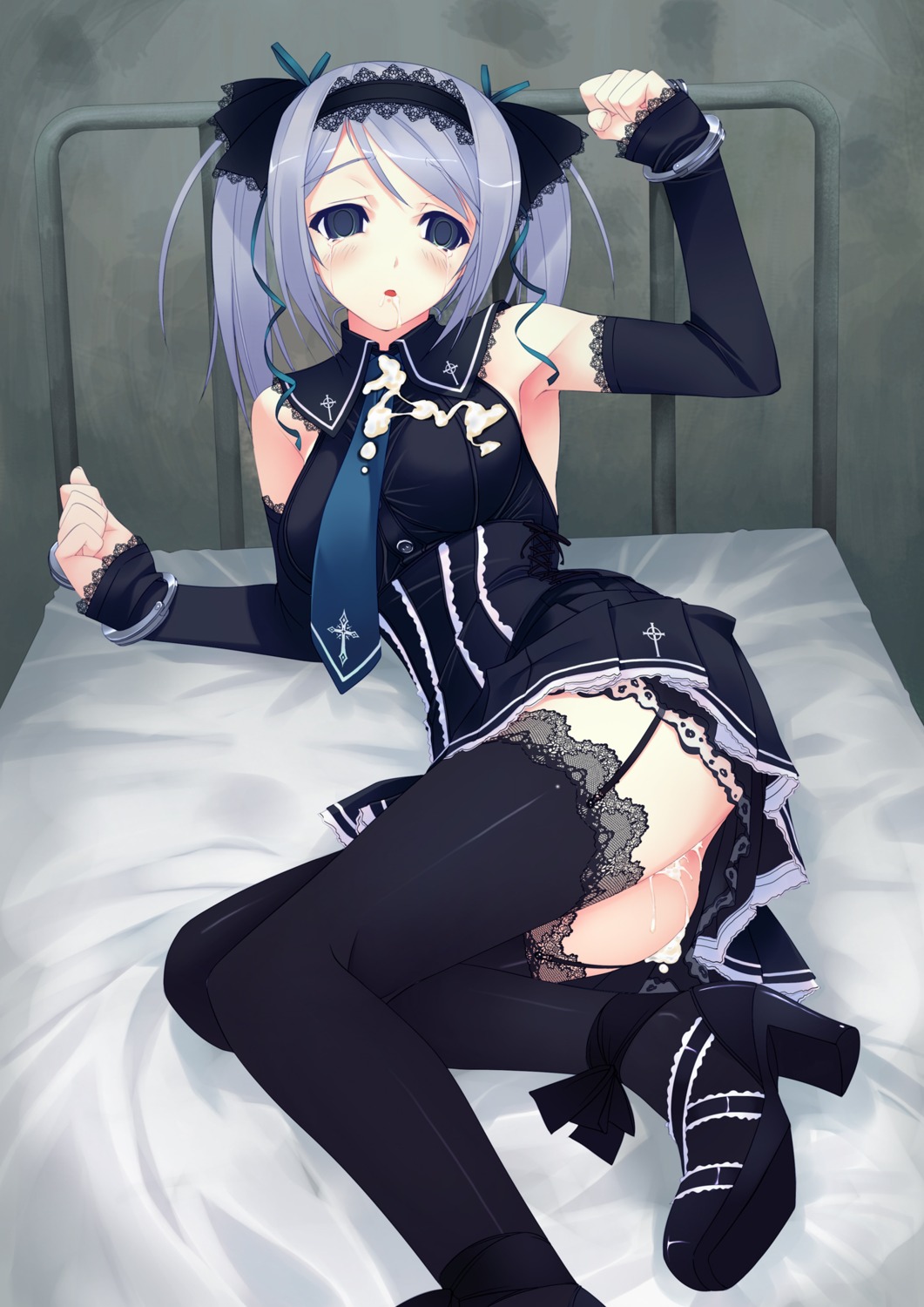 1girls after_rape after_sex arms_up black_legwear blue_eyes blue_hair blush bondage breasts broken_rape_victim clothed clothed_female clothed_rape creampie crying cuffs cum cum_in_pussy cum_on_clothes detached_sleeves drooling empty_eyes f-ism female female_focus female_human female_only garter_straps gothic_lolita hairband handcuffs high_heels highres human human_female human_focus human_only lace lace-trimmed_skirt lace-trimmed_thighhighs legwear lolita_fashion medium_breasts murakami_suigun necktie on_bed open_mouth original pussy rule34 skirt solo solo_focus tears thighhighs tied_hair twintails