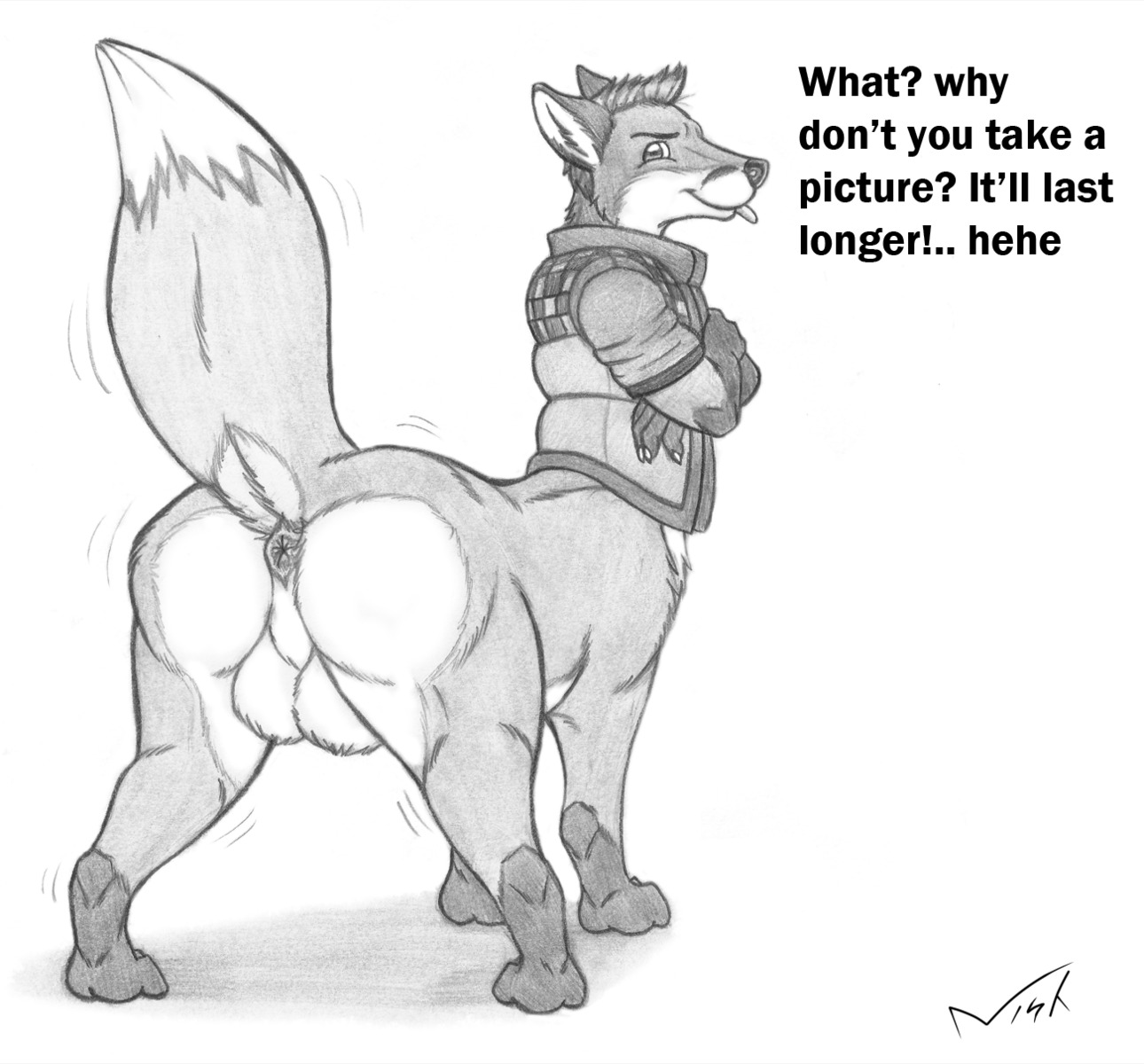 anus backsack balls big_balls butt canid canid_taur canine canine_taur crossed_arms e621 english_text fox fox_taur genitals graphite_(artwork) greyscale hi_res inviting letterbox looking_at_viewer male mammal mammal_taur monochrome nisharu presenting raised_tail simple_background solo tail taur text tongue tongue_out traditional_media_(artwork) white_background