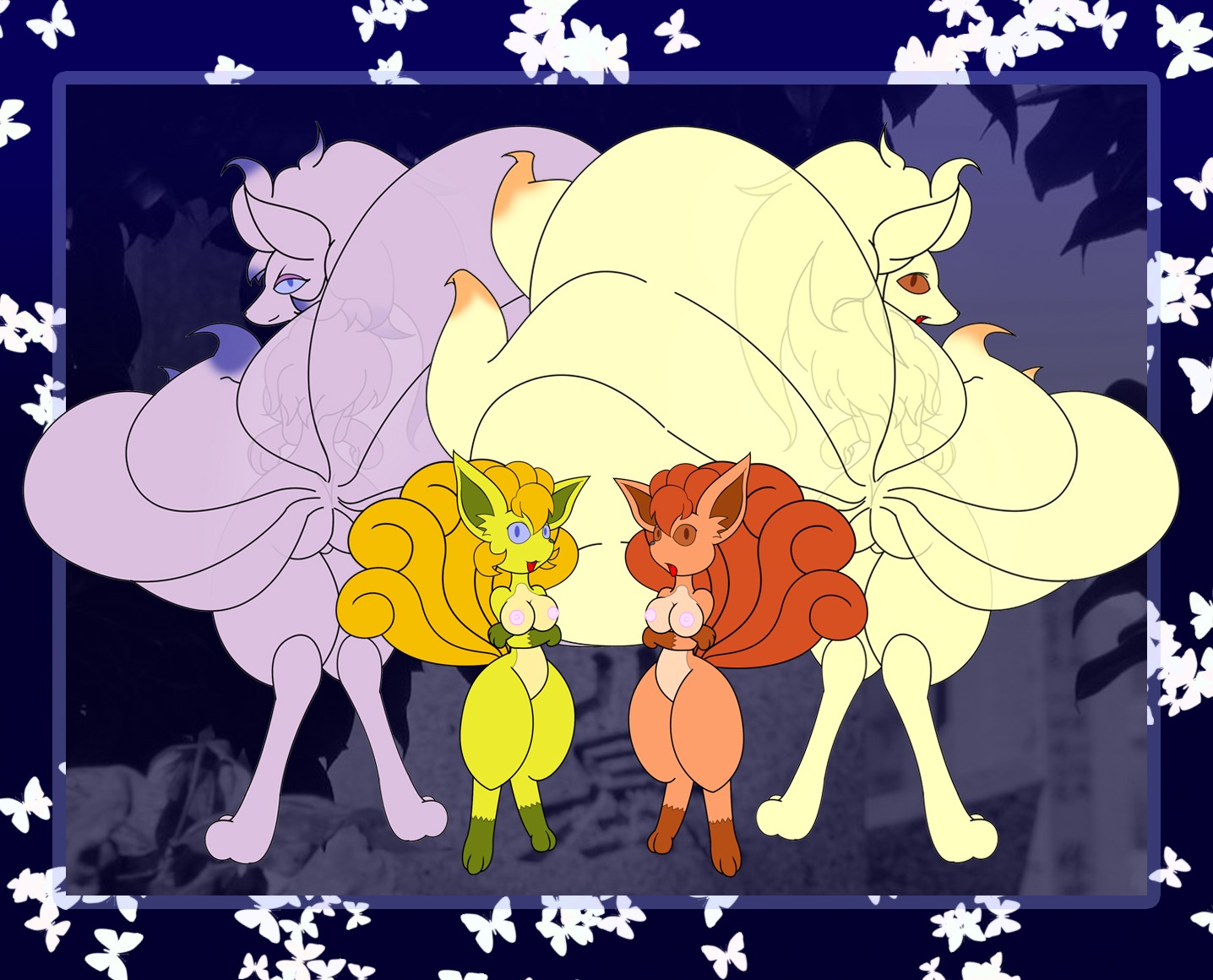 anthro ass breasts canine color female female_only fox fur furry furry_tail gb_of_bs interspecies multi_tail multiple_females ninetales nintendo nipples nude pokemon pokemon_(species) pokemorph raised_tail rule34 shiny_ninetales shiny_pokemon shiny_vulpix standing straight_hair tagme tail tails vulpix wide_hips