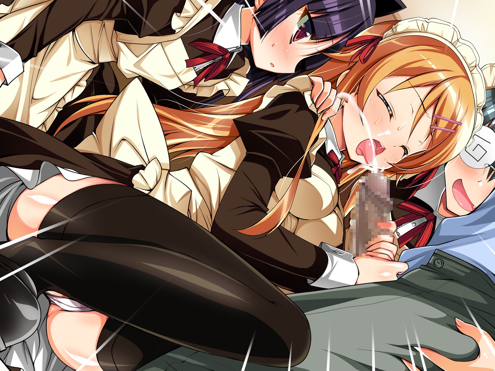 apron black_legwear blush censored closed_eyes coke-bottle_glasses cum cum_in_mouth cum_on_tongue cute_fang ejaculation facial female glasses gokou_ruri hair_ornament hairclip handjob highres human kousaka_kirino large_penis long_hair maid_headdress makishima_saori male multiple_females ninoko open_mouth orange_hair ore_no_imouto_ga_konna_ni_kawaii_wake_ga_nai panties partial_male penis red_eyes rule34 straight sweat thighhighs tongue tongue_out two-handed_handjob underwear white_panties wrist_cuffs