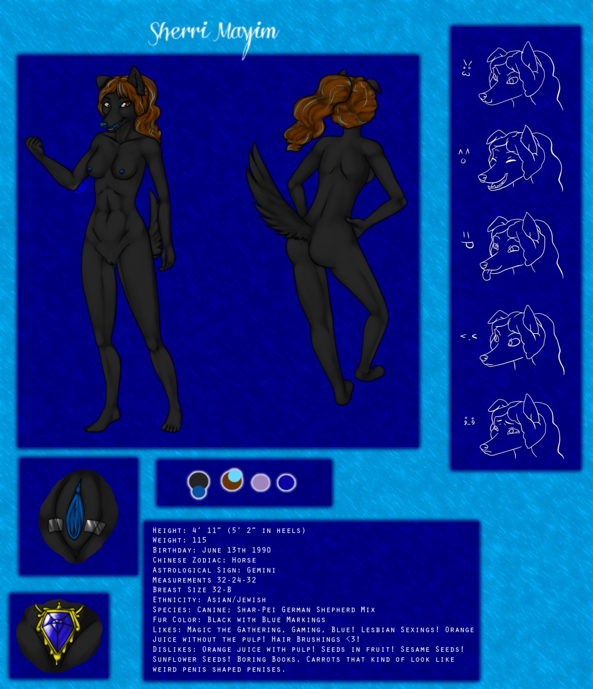 anthro black_body black_fur blue_vulva breasts brown_hair canid canine canis domestic_dog e621 english_text female fur genitals hair hasbro hi_res magic:_the_gathering mammal mastiff model_sheet molosser mox_sapphire nipples phoenix-of-a-down pose red_eyes shar_pei sherri_mayim solo spread_vulva spreading tail text vulva wizards_of_the_coast