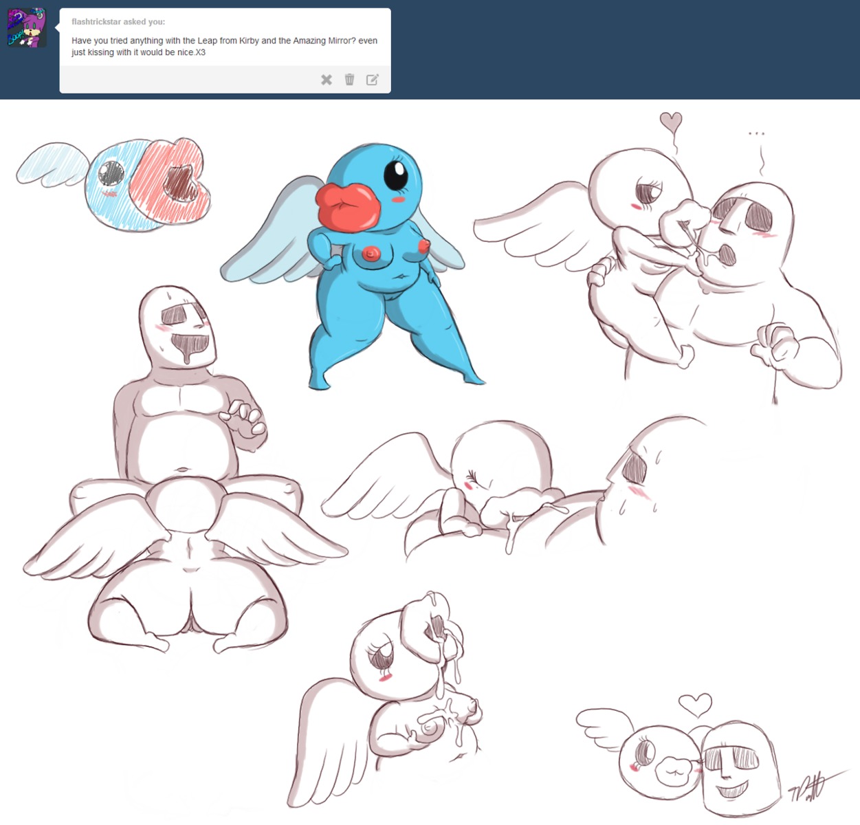 ambiguous_gender blush bodily_fluids breasts cum cum_in_mouth cum_inside cum_on_breasts duo e621 english_text fellatio female genital_fluids genitals heart_symbol hi_res kabu_(kirby) kirby_(series) kissing leap_(kirby) lips nintendo oral penile sex shortstack signature text thick_lips timoteihiv vulva