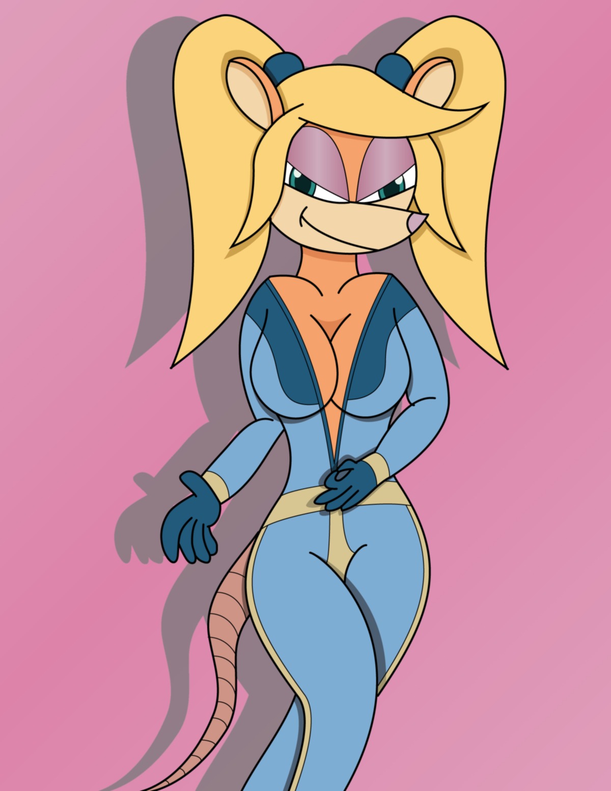 anthro blonde_hair breasts clothing color covered_breasts crash_(series) female female_only front_view fur furry hair marsupial orange_fur pasadena_o'possum rule34 solo tail tied_hair twintails