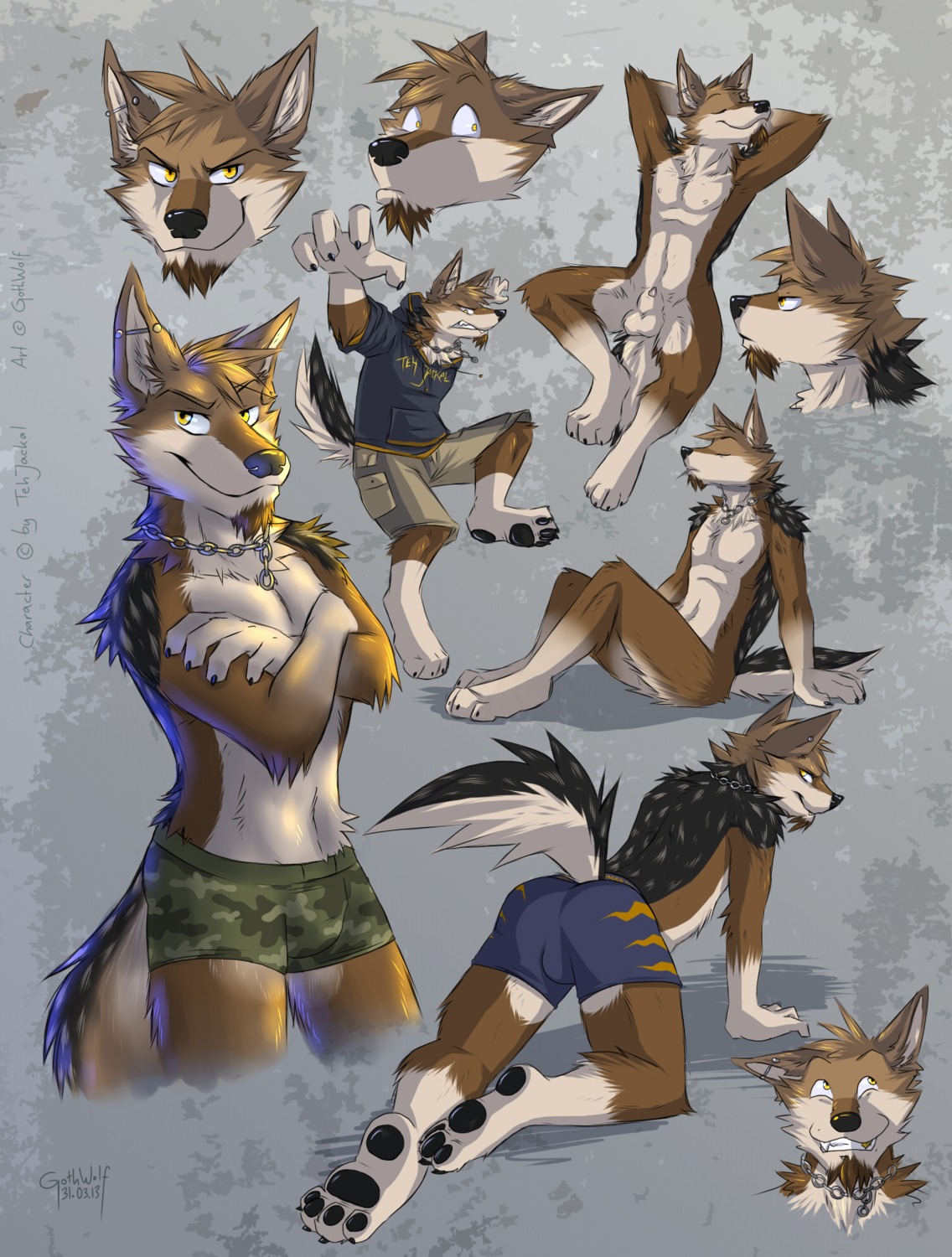 amber_eyes angry animal_genitalia animal_penis anthro balls beard biceps biped black_body black_fur black_nose brown_body brown_fur butt camo camo_clothing camo_print camo_underwear canid canine canine_genitalia canine_penis canis claws clenched_teeth clothed clothing digital_media_(artwork) e621 ear_piercing eyes_closed facial_hair frown fur genitals goatee gothwolf grin happy hi_res hoodie industrial_piercing jackal jewelry jumping laugh looking_at_viewer male mammal model_sheet multiple_poses muscular muscular_anthro muscular_male necklace nude orange_eyes pattern_clothing pattern_underwear pawpads paws pecs penis penis_tip piercing pose sheath smile solo tail teeth tehjackal topless topwear underwear white_body white_fur yellow_eyes
