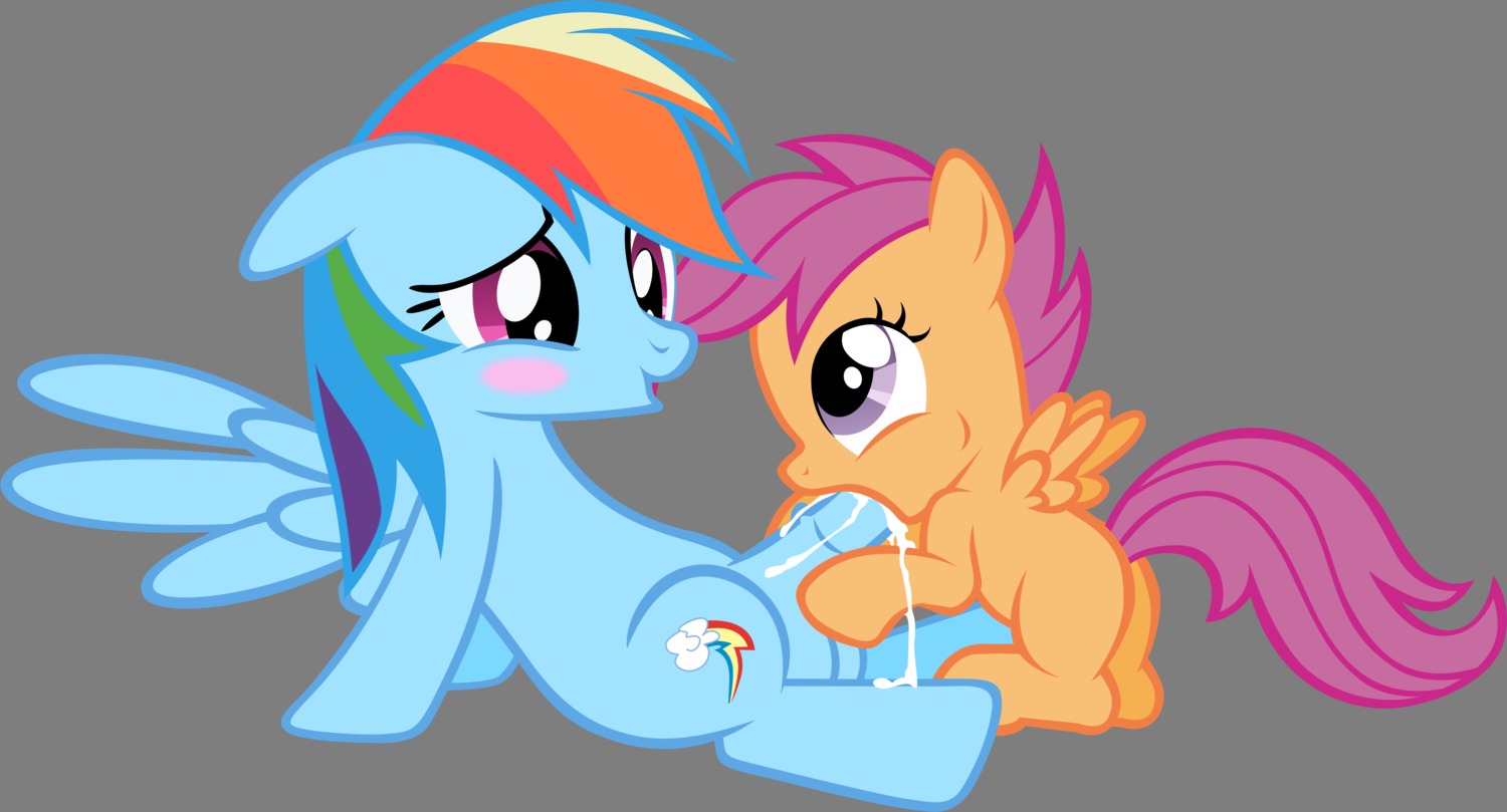 absurd_res alpha_channel badumsquish blue_body blue_feathers blue_fur bodily_fluids cum duo e621 equid equine feathered_wings feathers female feral friendship_is_magic fur genital_fluids gynomorph hair hasbro hi_res intersex mammal multicolored_hair my_little_pony mythological_creature mythological_equine mythology on_model pegasus rainbow_dash_(mlp) rainbow_hair scootaloo_(mlp) tail wings young young_feral