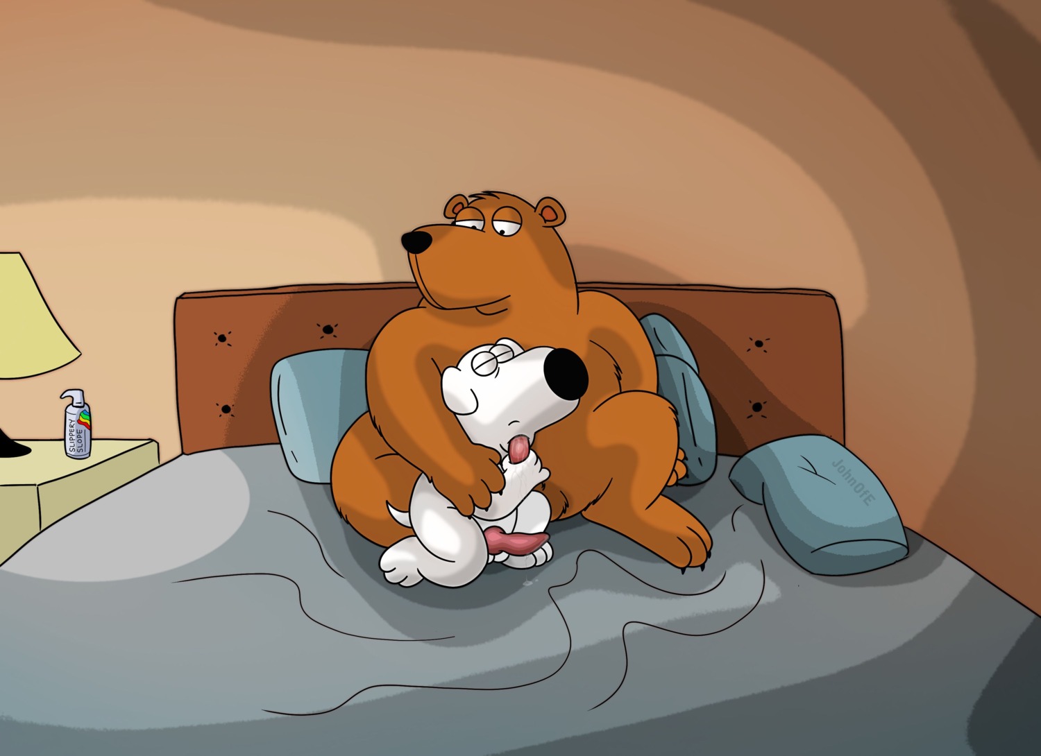 3_toes absurd_res anthro balls bear bed bedroom black_body black_eyes black_nose black_skin brian_griffin brown_bear brown_body brown_fur canid canine canis crossover domestic_dog duo e621 erection eyes_closed family_guy feet fellatio fur furniture genitals grizzly_bear happy hi_res holding_another's_penis holding_penis inside johnofe knot lamp larger_male light looking_down male male/male male_penetrated male_penetrating male_penetrating_male mammal nude on_model open_mouth oral oral_penetration penetration penile penis penis_grab pillow pink_body pink_penis pink_skin raised_arm sex shadow size_difference slightly_chubby smaller_male smile the_cleveland_show tim_the_bear toes toony ursine white_body white_fur