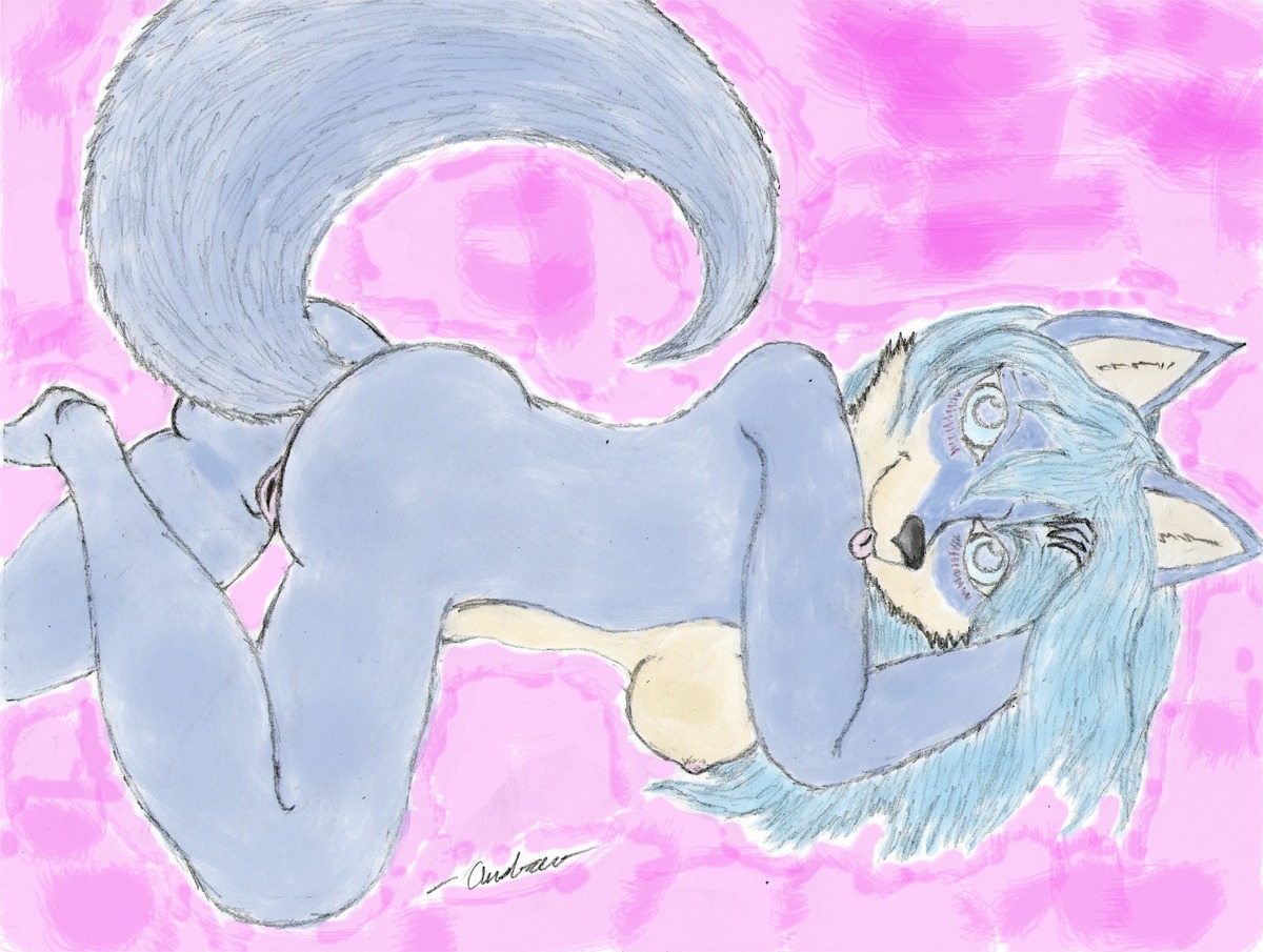2010 anthro azurevixen biped blue_body blue_eyes blue_fur blue_hair breasts bushy canid canine e621 female fox fur genitals hair looking_at_viewer lying mammal nude solo tail vulva