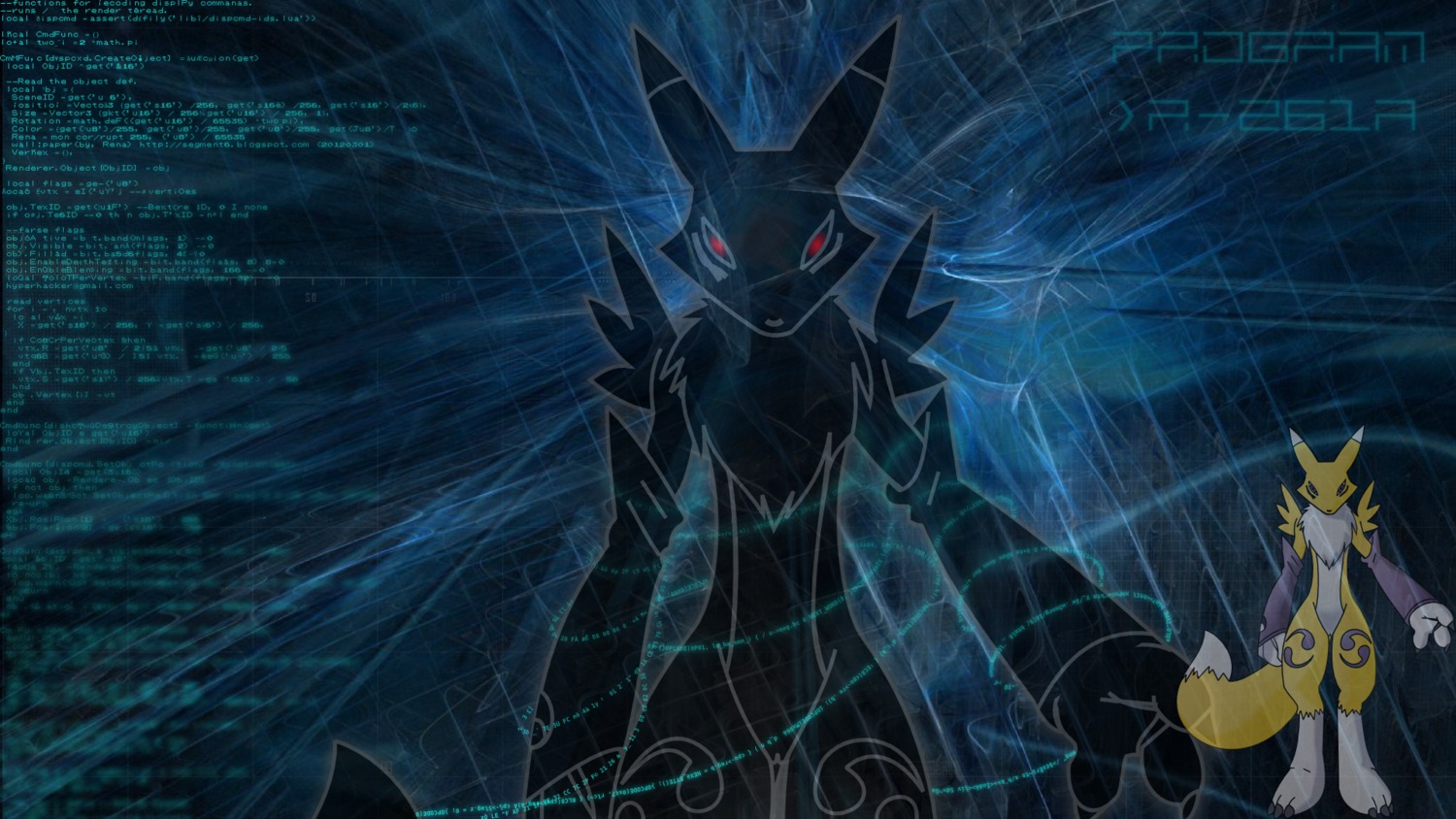 16:9 2012 abstract_background anthro bandai_namco biped black_body black_fur canid canine chest_tuft claws clothing code digimon digimon_(species) dipstick_tail e621 english_text facial_markings female fur genitals head_markings hi_res looking_at_viewer mammal markings nude programming programming_language purple_eyes red_eyes renakunisaki renamon simple_background sleeve solo standing tail tail_markings text tuft vulva wallpaper white_body white_fur widescreen y2k_(graphic_design) yellow_body yellow_fur