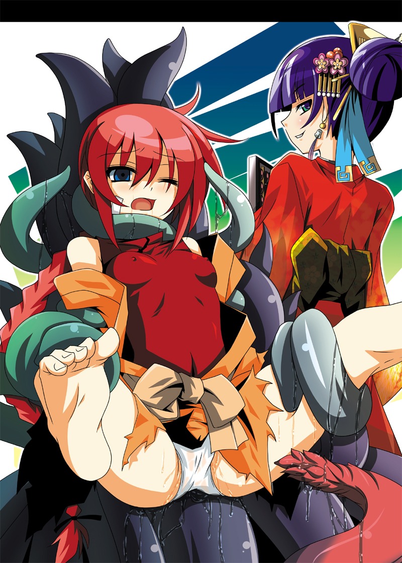 abacus barefoot blue_eyes braid breasts china_dress chinese_clothes clothing earrings erect_nipples erect_nipples_under_clothes etrian_odyssey feet female female_only fumihiro hair_ornament helpless imminent_penetration imminent_rape japanese_clothes jewelry kimono long_hair looking_back monk_(sekaiju) multiple_females multiple_girls napier naughty_face nipple_bulge nipples no_visible_genitalia open_mouth panties partially_visible_vulva plant pokies pussy pussy_juice red_hair restrained rule34 sekaiju_no_meikyuu sekaiju_no_meikyuu_3 small_breasts spread_legs stationary_restraints tentacles underwear wince