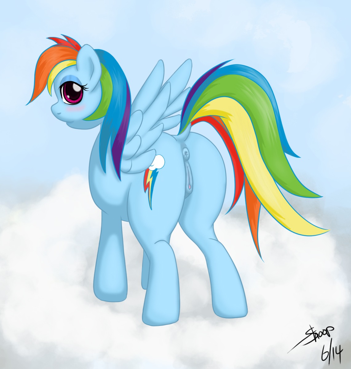 2014 anus bedroom_eyes blue_body blue_feathers blue_fur blush butt clitoris cloud cutie_mark e621 equid equine feathered_wings feathers female feral friendship_is_magic fur genitals hair half-closed_eyes hasbro hi_res hooves looking_at_viewer looking_back mammal multicolored_hair multicolored_tail my_little_pony mythological_creature mythological_equine mythology narrowed_eyes pegasus presenting purple_eyes rainbow_dash_(mlp) rainbow_dosh rainbow_hair rainbow_tail raised_tail rear_view seductive smile solo tail vulva wings