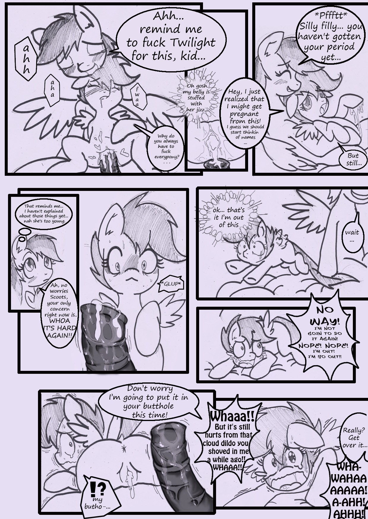 2013 age_difference anibaruthecat animal_genitalia animal_penis anus black_and_white blush bodily_fluids butt comic cum cum_in_vagina cum_inside dialogue duo e621 english_text equid equine equine_genitalia equine_penis erection eyes_closed feathered_wings feathers female female_penetrated feral friendship_is_magic genital_fluids genitals gynomorph gynomorph/female gynomorph_penetrating gynomorph_penetrating_female hair hasbro hi_res intersex intersex/female intersex_penetrating intersex_penetrating_female mammal monochrome my_little_pony mythological_creature mythological_equine mythology nude pegasus penetration penile penile_penetration penis penis_in_vagina profanity rainbow_dash_(mlp) scootaloo_(mlp) sex sketch sweat tears text traditional_media_(artwork) vaginal vaginal_penetration vulva wings young young_feral younger_penetrated