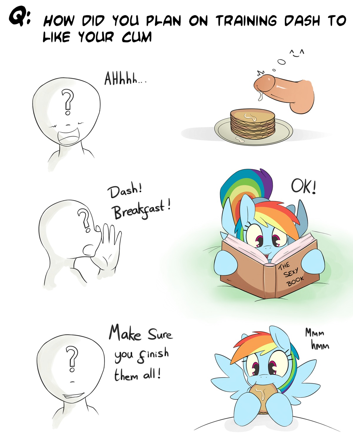 ^_^ anon bestiality blue_body blue_feathers blue_fur bodily_fluids book breakfast comic cum cutie_mark dialogue duo e621 eating english_text equid equine erection eyes_closed feathered_wings feathers female female_on_human feral food friendship_is_magic fur genital_fluids genitals grumblepluck hair hasbro hi_res human human_on_feral humanoid_genitalia humanoid_penis interspecies male male_on_feral mammal multicolored_hair my_little_pony mythological_creature mythological_equine mythology pancake pegasus penis purple_eyes rainbow_dash_(mlp) rainbow_hair smile tail text thick_penis wings