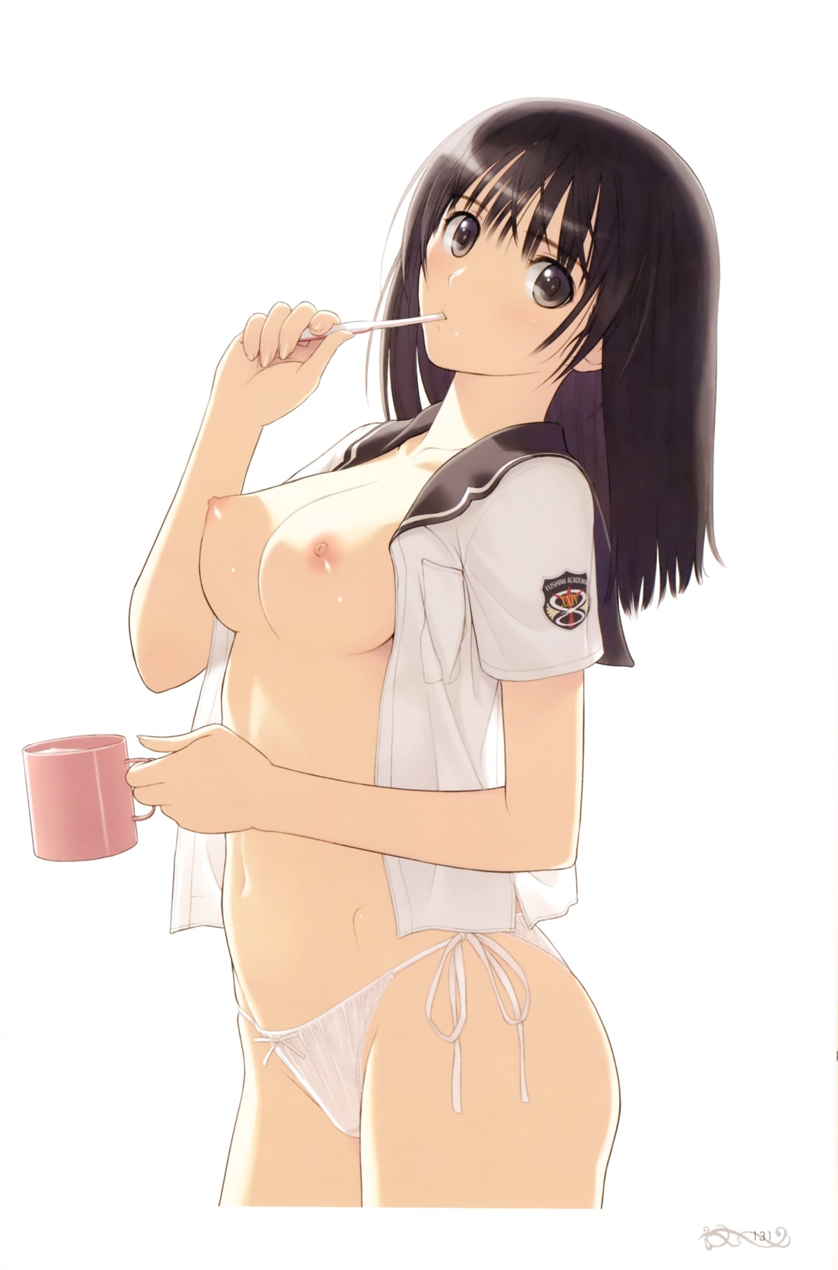 1girls black_eyes black_hair breasts cup fault!! female female_only grey_eyes highres large_breasts long_hair mug nipples number open_clothes panties rule34 saeki_ai side-tie_panties simple_background solo straight_hair taka_tony toothbrush underwear water white_background white_panties